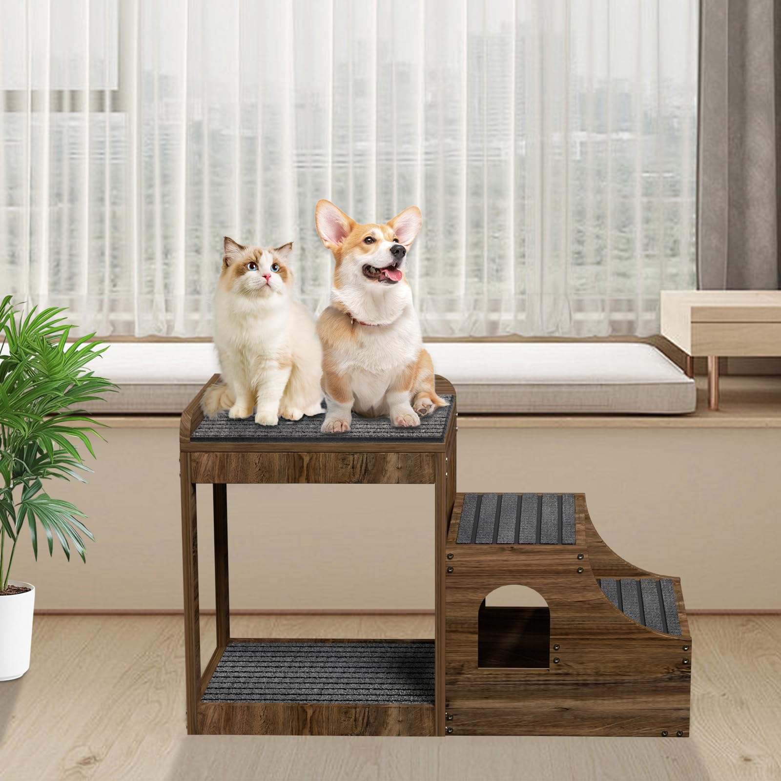 Pupihom Pet Window Perch With Stairs, Multi-Level Bunk Bed For Dogs And Cats, Elevated Pet Bed Couch, Wood Dog Stairs With Non-S