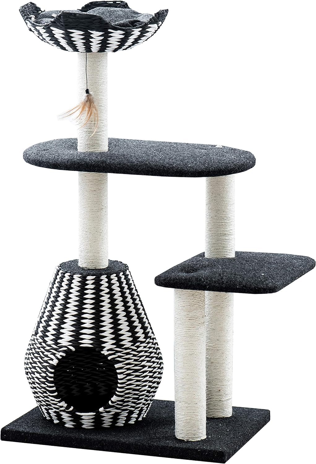 PetPals Cat Tree Royal - 3 Level, Jet Black & Porcelain White, 27x19x49", Durable Paper, Model PP2582-ROCKY, Fun Toy Included