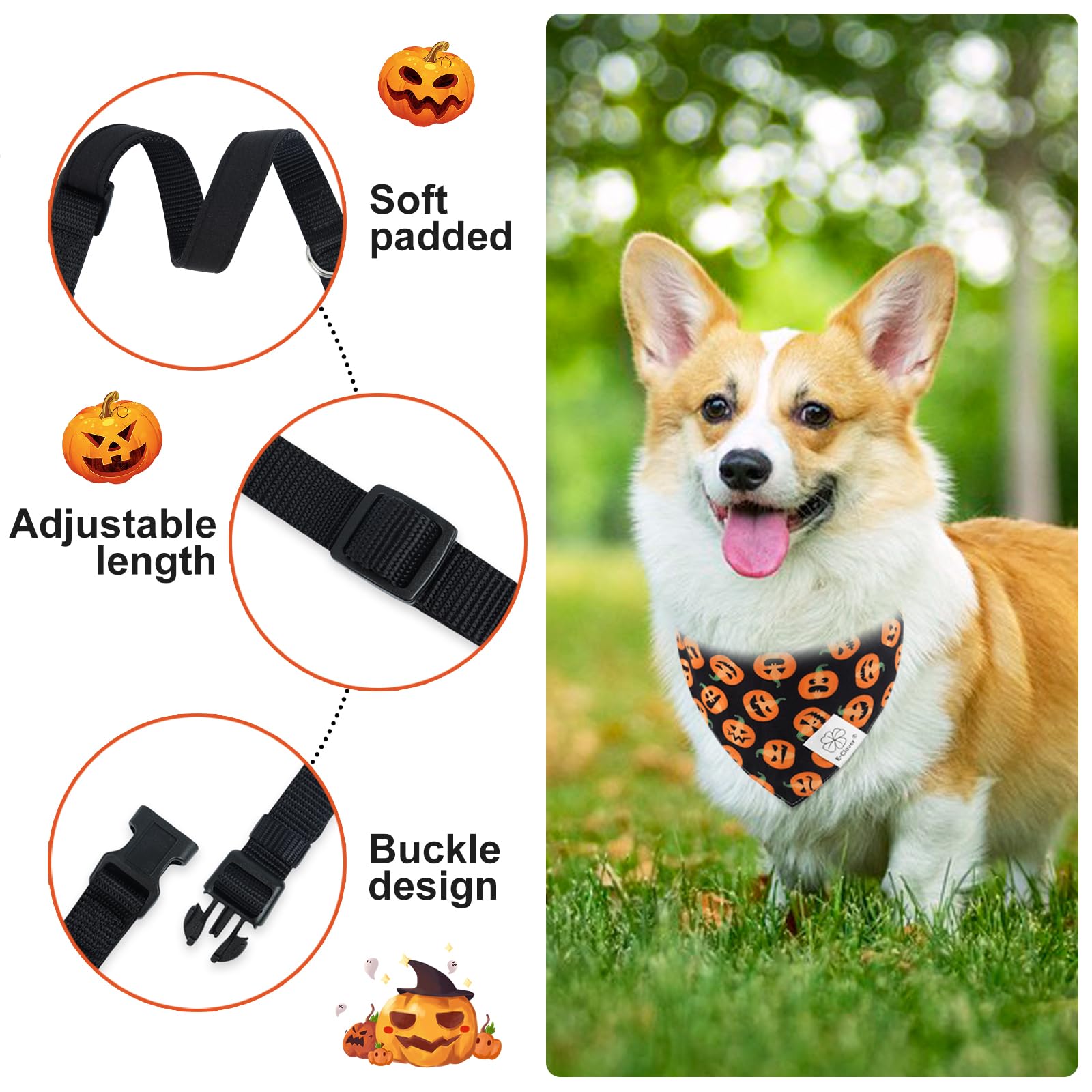 E-Clover Halloween Dog Collar - Pumpkin Dog Collar Bandana & Matching Scrunchie Adjustable Dog Collars Girl Boy For Small Medium