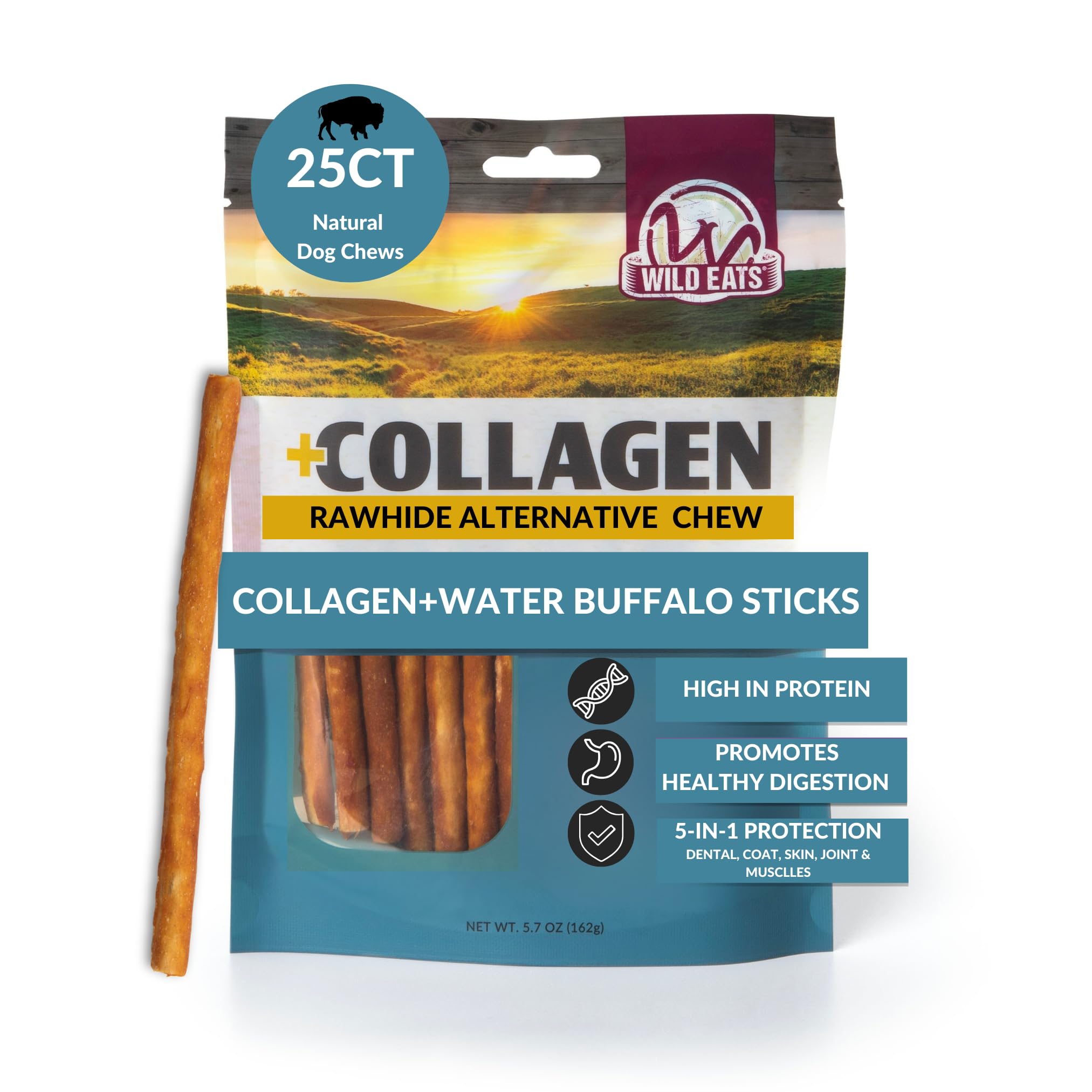 Wild Eats Water Buffalo Collagen Sticks for Dogs (25 Pack, 0.6 cm Wide) Long Lasting Dog Chews, No Hide Dog Treat Bully Stick Al