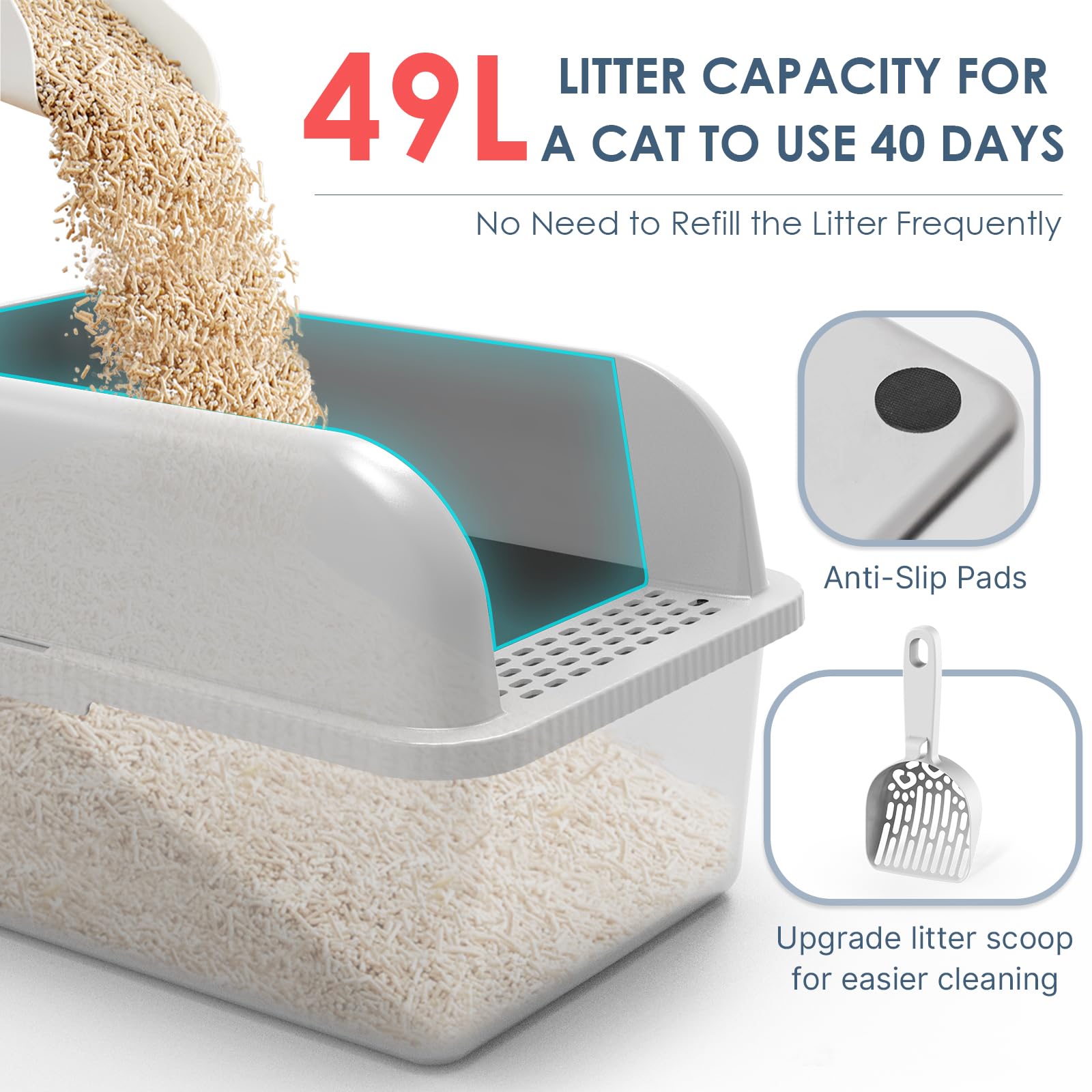 Suzzipaws Extra Large 8" Deep Stainless Steel Cat Litter Box with Lid, Light Grey & Silver, Anti-Leakage, Easy Cleaning, Model CP-MLB01-20