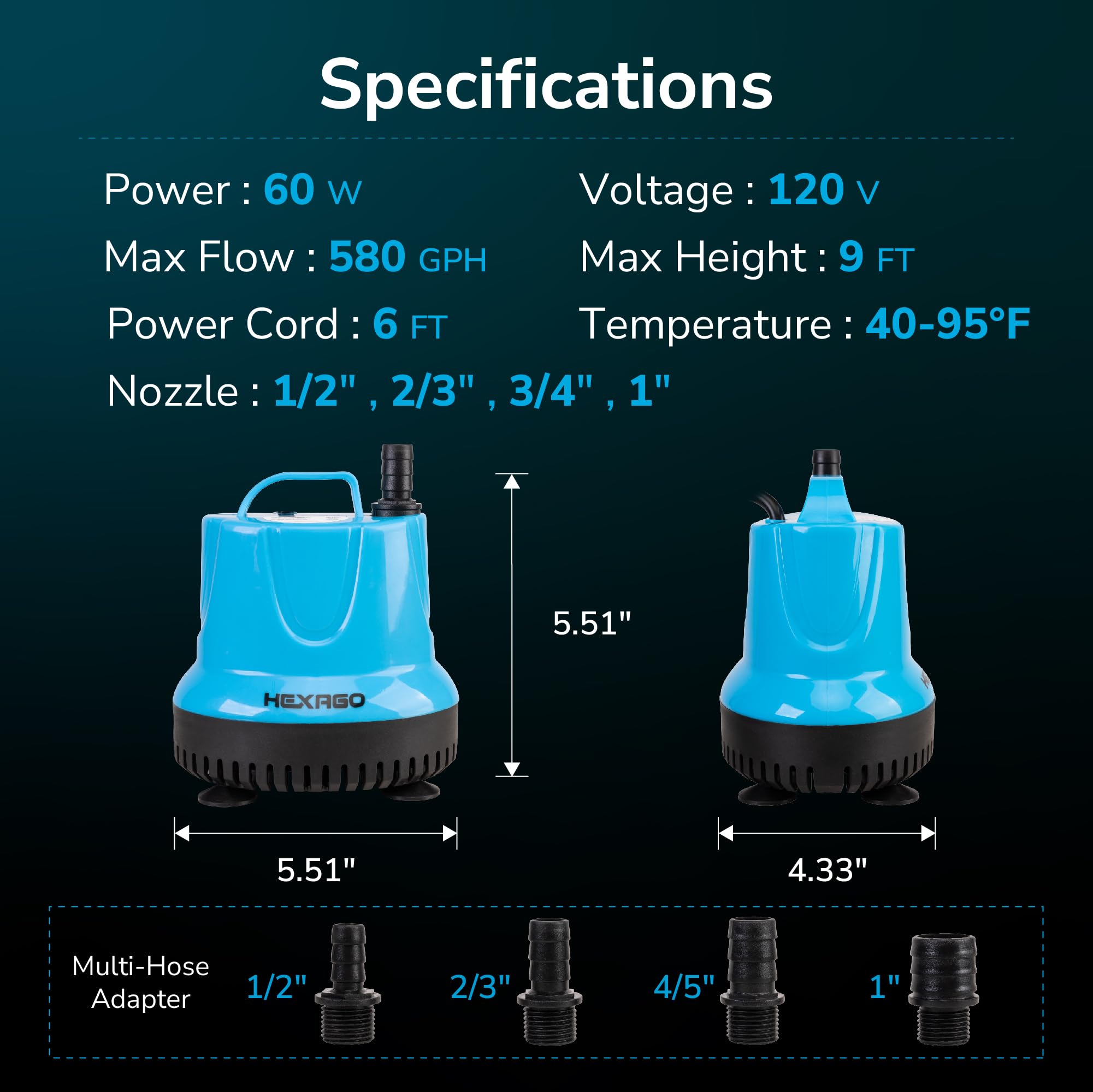 Hexago 580GPH Submersible Water Fountain Pump, 60W Small Sump Pump with 9FT High Lift, Aquarium Pumps for Outdoor Pond, Hydropon