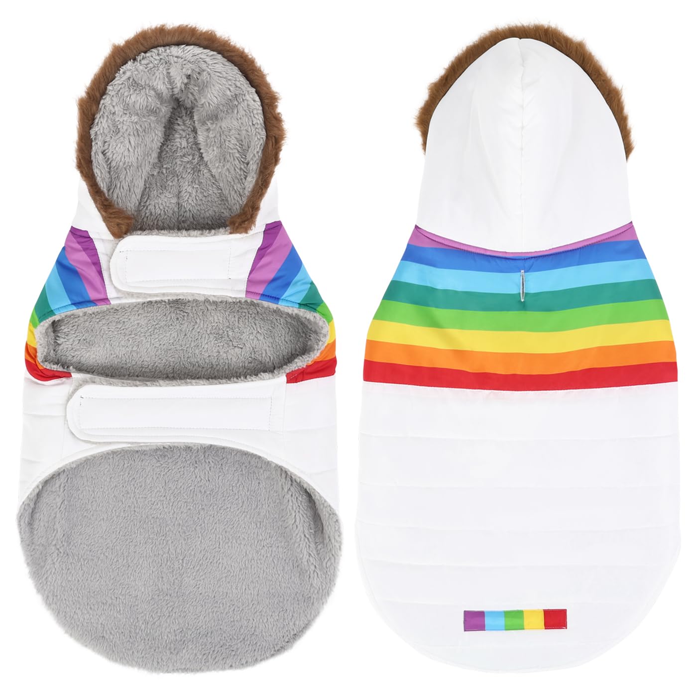 Hde Dog Puffer Jacket Fleece Lined Warm Dog Parka Winter Coat With Harness Hole White Rainbow Stripe - Xl