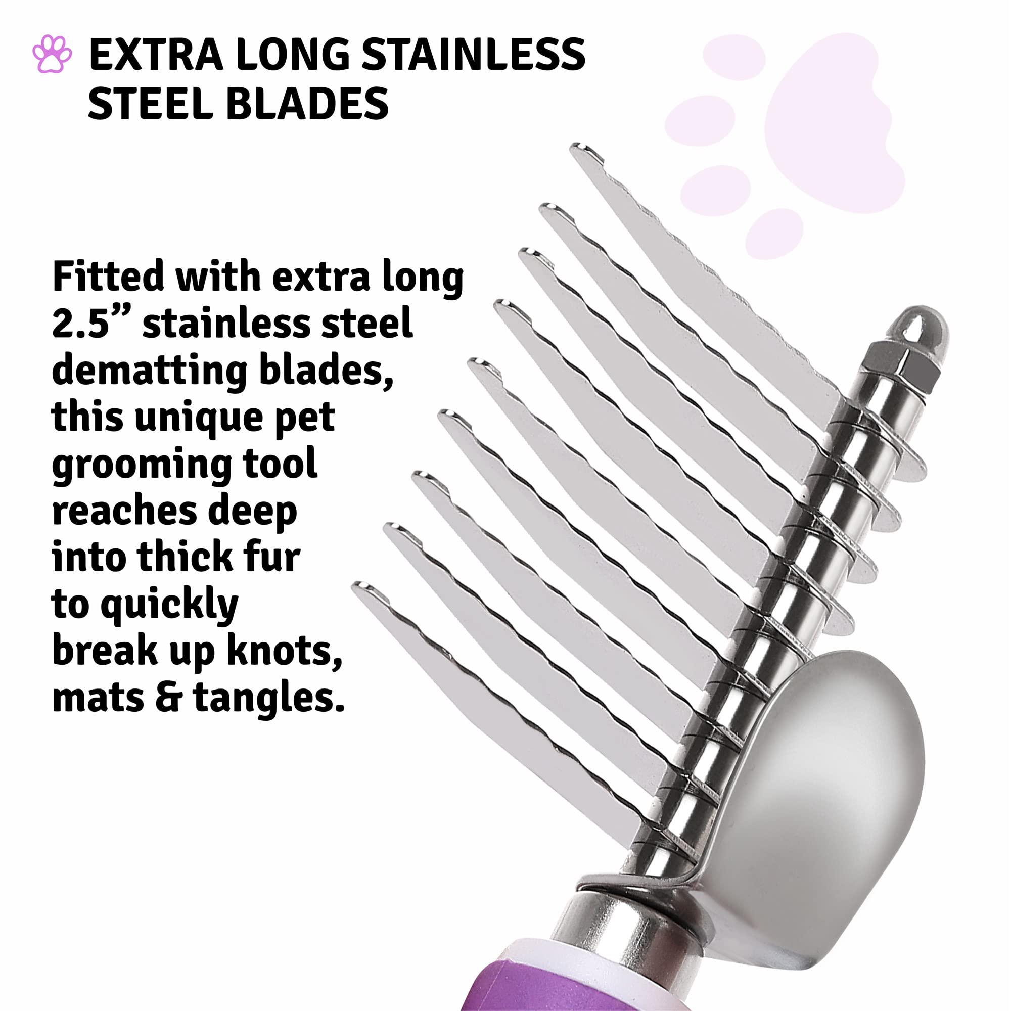 Poodle Dematting Fur Rake Comb Brush For Dogs And Cats - Long 2.5' Steel Safety Blades Metal Comb For Detangling Matted Or Knotted Undercoat Hair