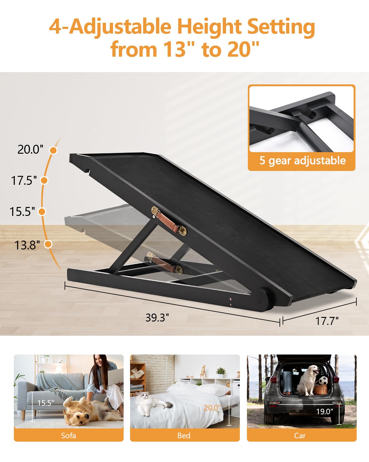 Dog Ramp For Couch, Small Dog Bed Ramp To Get On Bed 20 Inch High, Non-Slip, Sturdy Adjustable Pet Ramp With Landing Platform, S