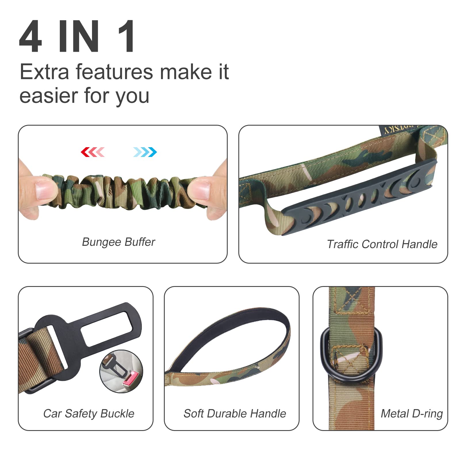 Hotsky Heavy Duty Dog Leash,Military Dog Leash With Car Seat Belt And Double Handle For Large Dogs Up To 800Lbs, 4-6Ft Shock Abs