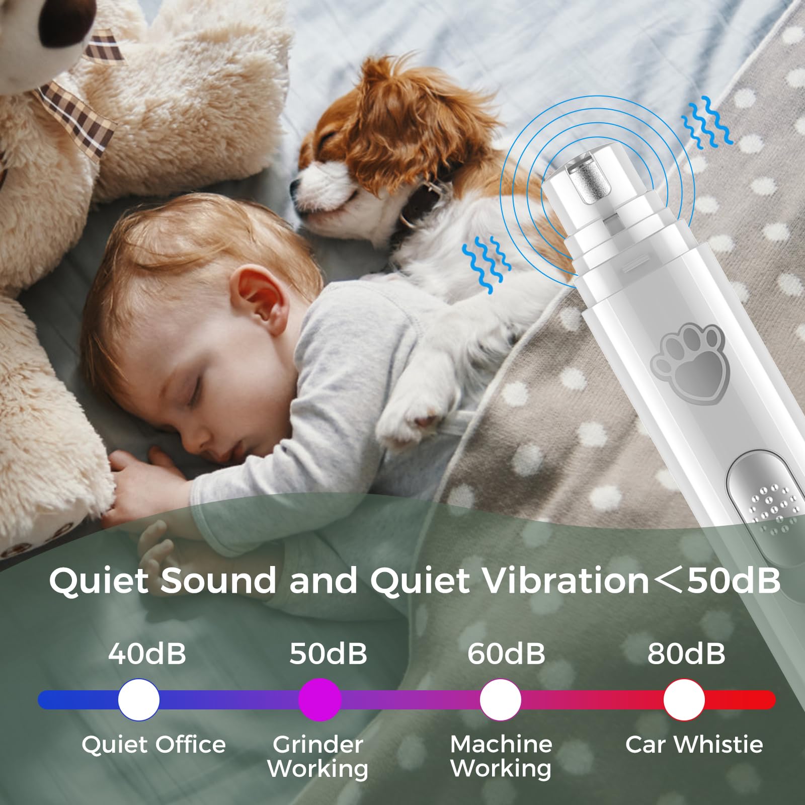 VIWIK Dog Nail Grinder - 2-Speed Rechargeable Trimmer for All Dog Sizes - Quiet Electric Grooming Tool - White