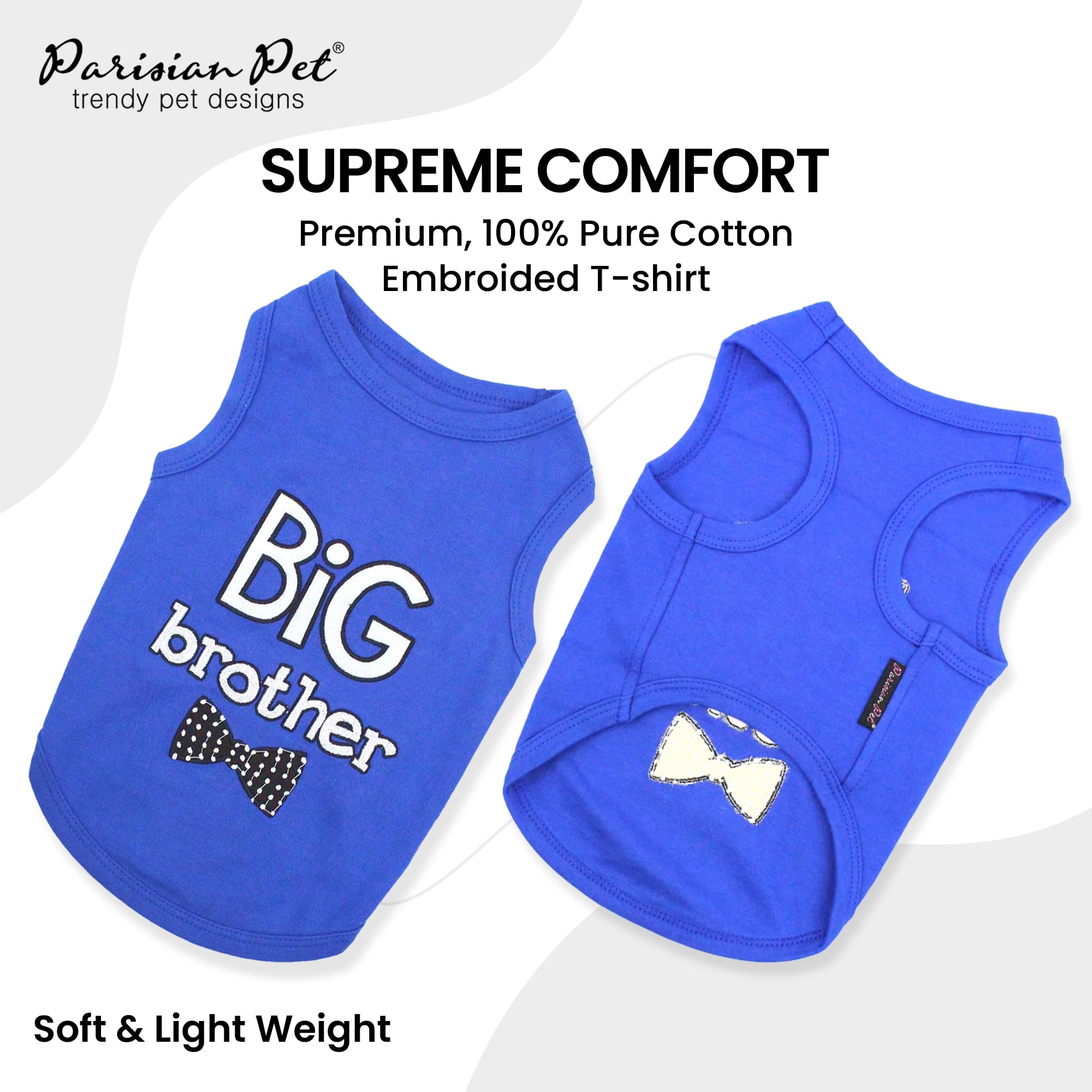Parisian Pet Dog T-Shirt With Embroidered ' Big Brother ' Words - 100% Cotton, Big Brother Dog Shirt - Sleeveless Pet Vest - Machine Washable Blue Dog Shirts For Small Dogs, Xxs