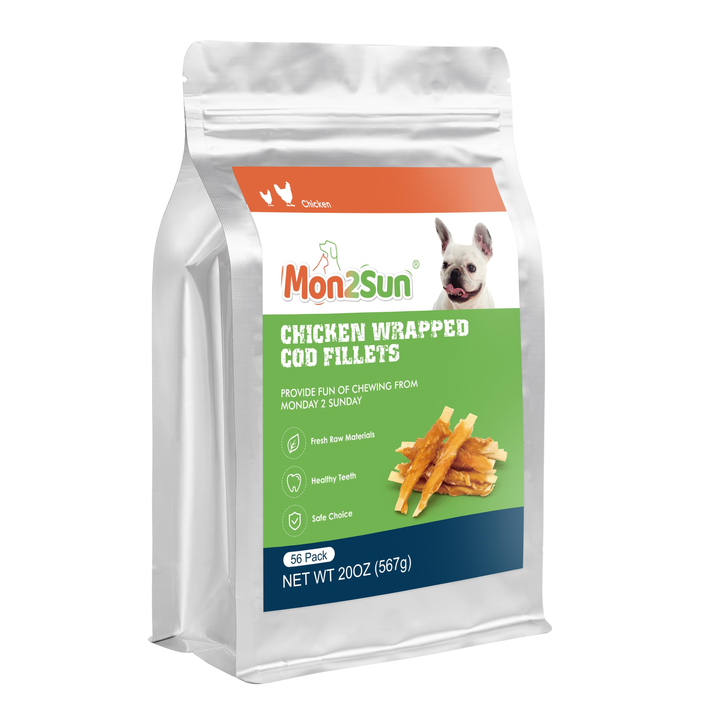 MON2SUN Rawhide Free Dog Treats, 4 Inch Chicken Wrapped Cod Fillet Dog Snacks for Small Dogs, Soft and Training Treats, 20oz (56