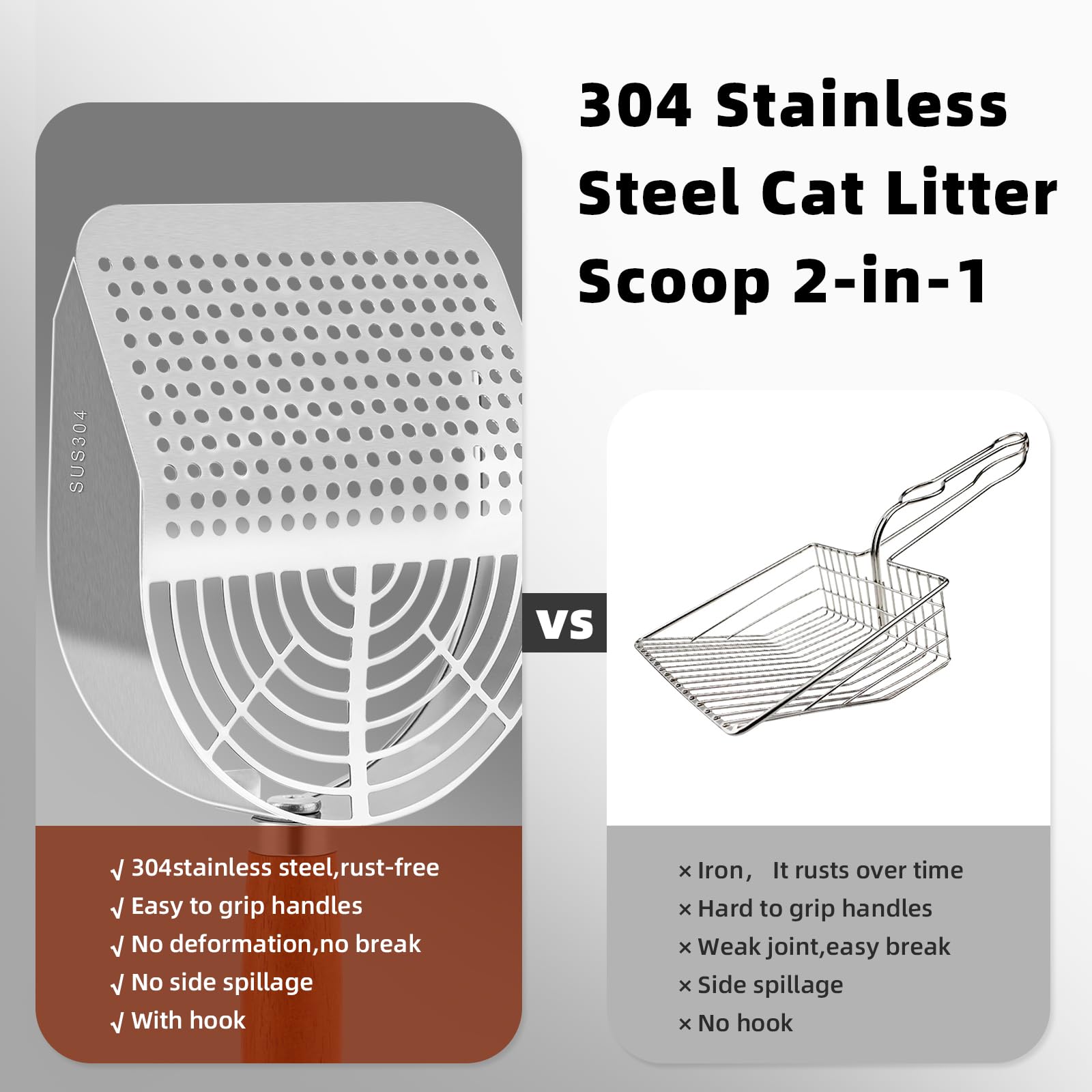 Ownpets Stainless Steel Cat Litter Scoop With Stand - Durable Wood Handle, Double-Wide Holes, Quick-Filter Design, Easy To Clean