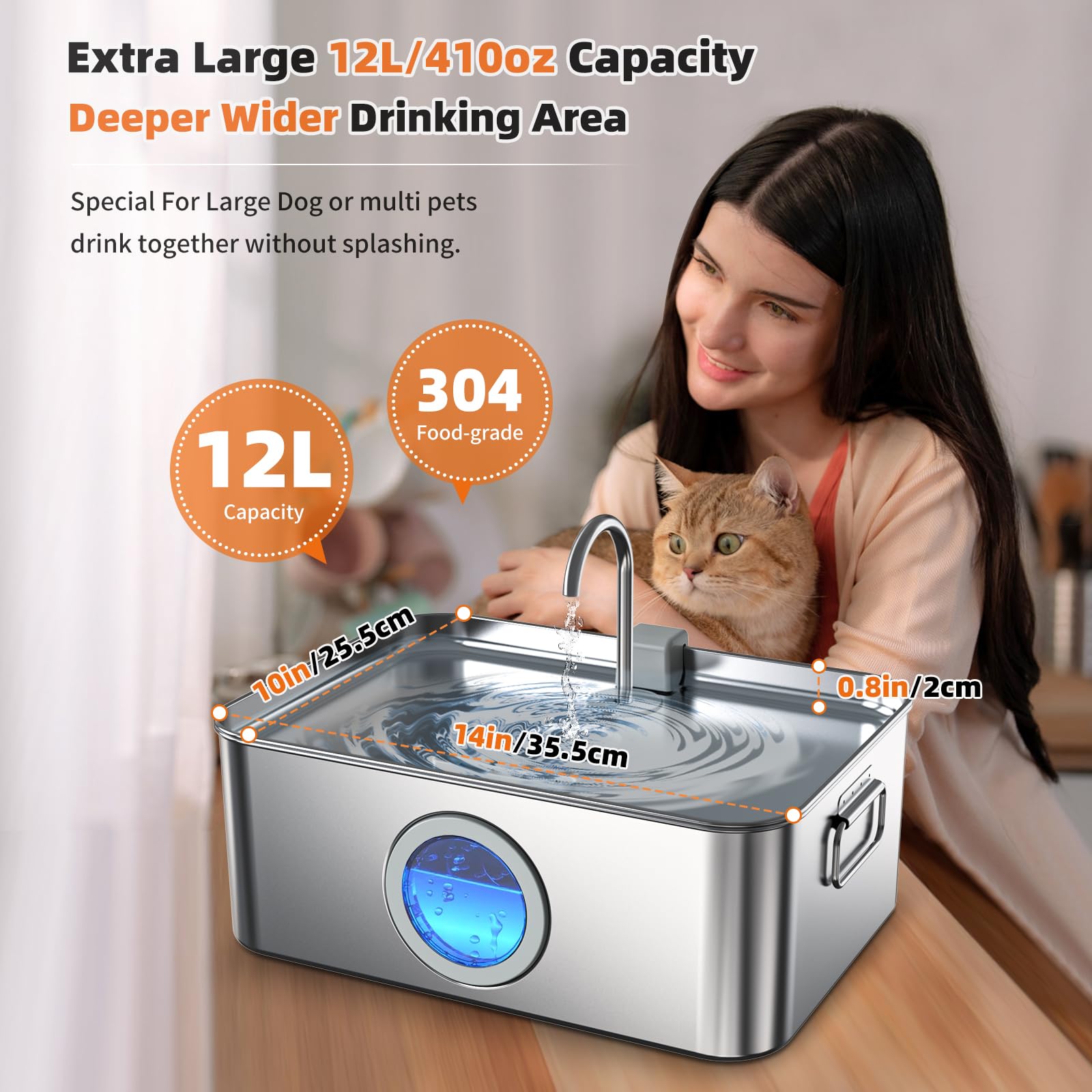 Dog Water Fountain Stainless Steel 12L/410Oz/3.2Gal, Dysj01 Pet Water Fountain With Silicone Mat & 3 Set Filters For Large Dogs/