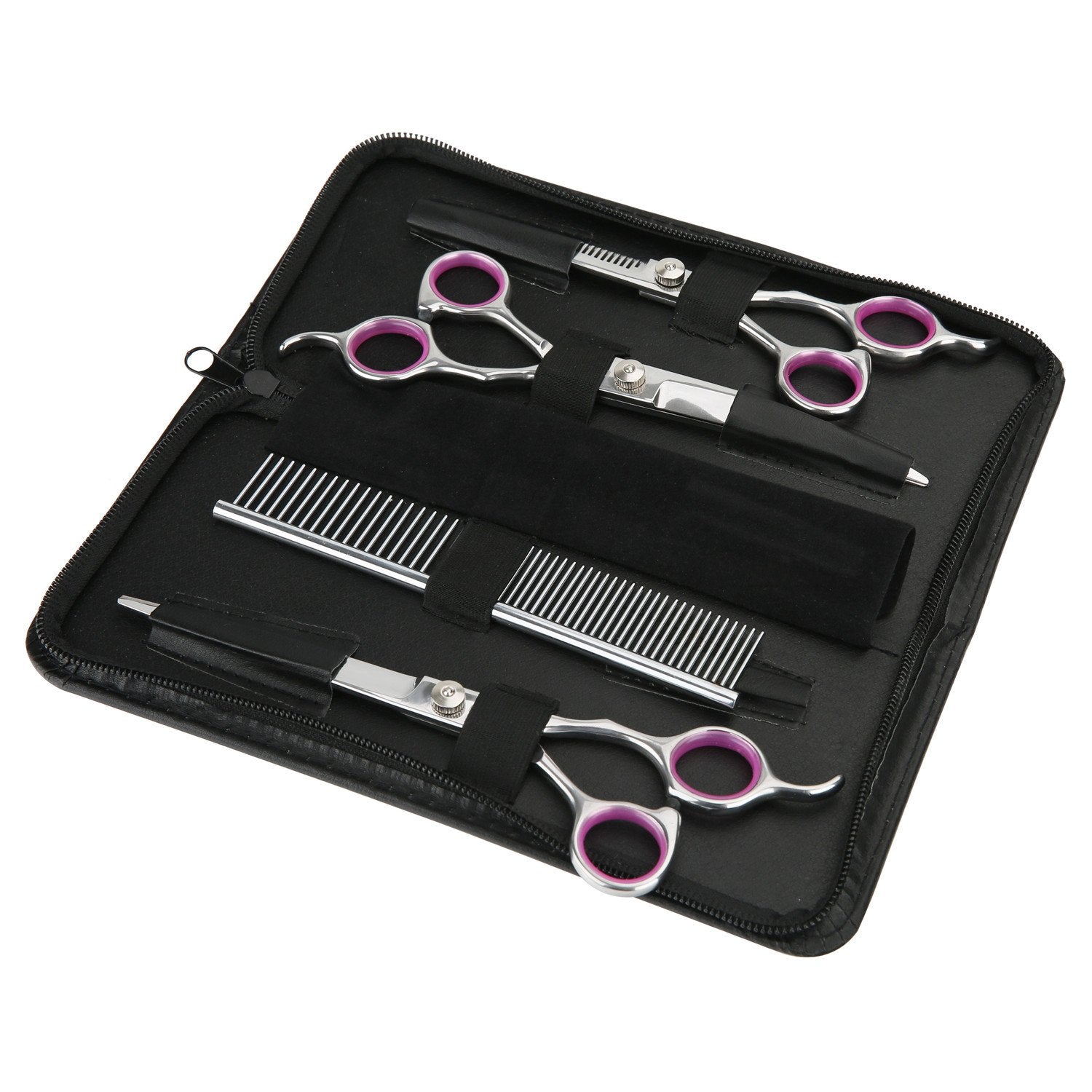 Gemek Pet Cat Dog Grooming Scissors Set 4 Pieces Stainless Steel Professional Pet Trimmer Kit - 7.5 Inch Straight Cutting Scissors, Thinning Shears, Curved Scissors, Grooming Combs