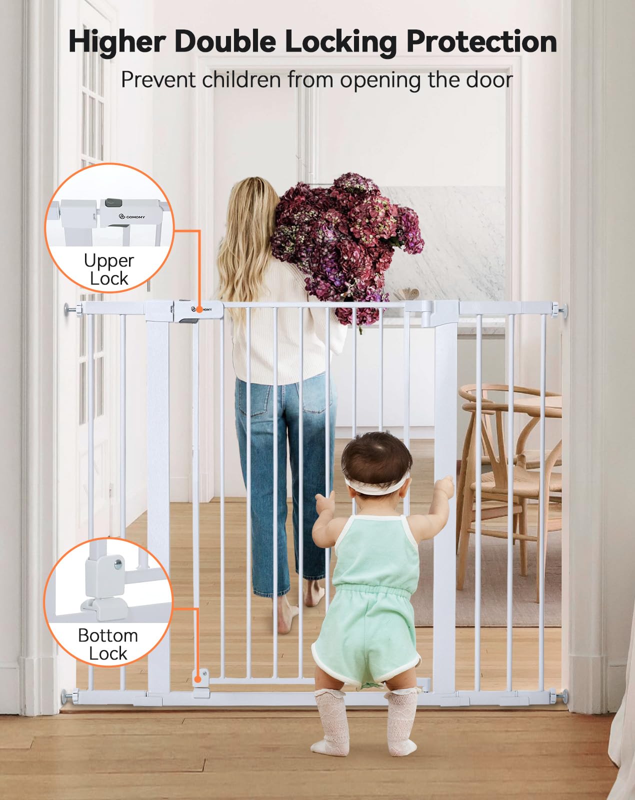 Comomy 36' Extra Tall Baby Gate For Stairs Doorways, Fits Openings 29.5' To 46' Wide, Auto Close Extra Wide Dog Gate For House, Pressure Mounted Easy Walk Through Pet Gate With Door, White
