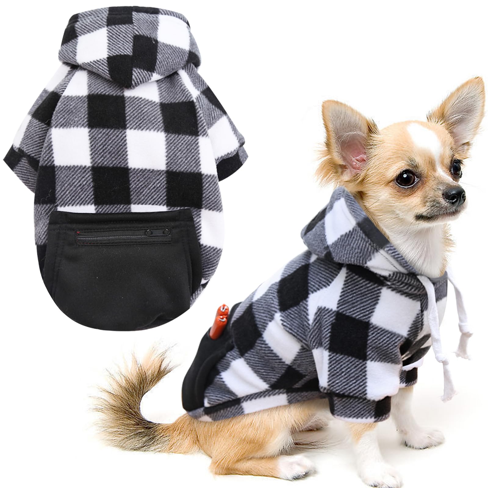 Mrcopetal Plaid Dog Sweatshirt - Soft Brushed Fleece Hoodie With Zipper Pocket For Dogs - Winter Coat - Small To Large Sizes