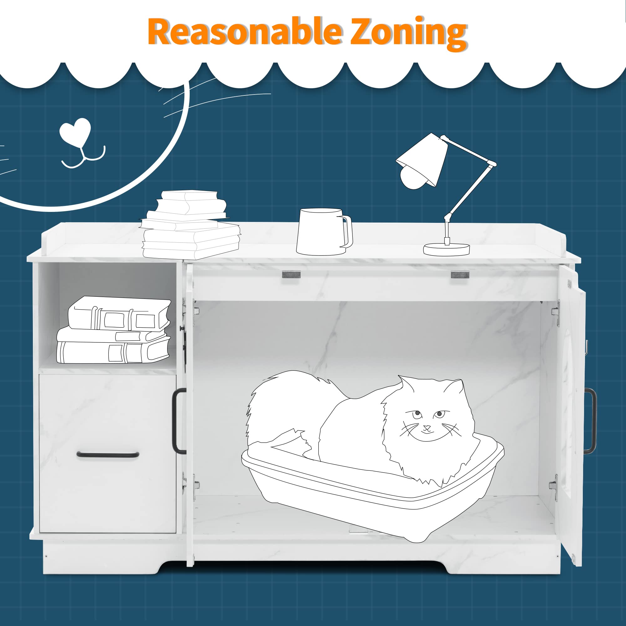 MCombo X-Large Cat Litter Box Furniture, White Engineered Wood Enclosed Cat House with Drawer, Model 6012-CT74DW
