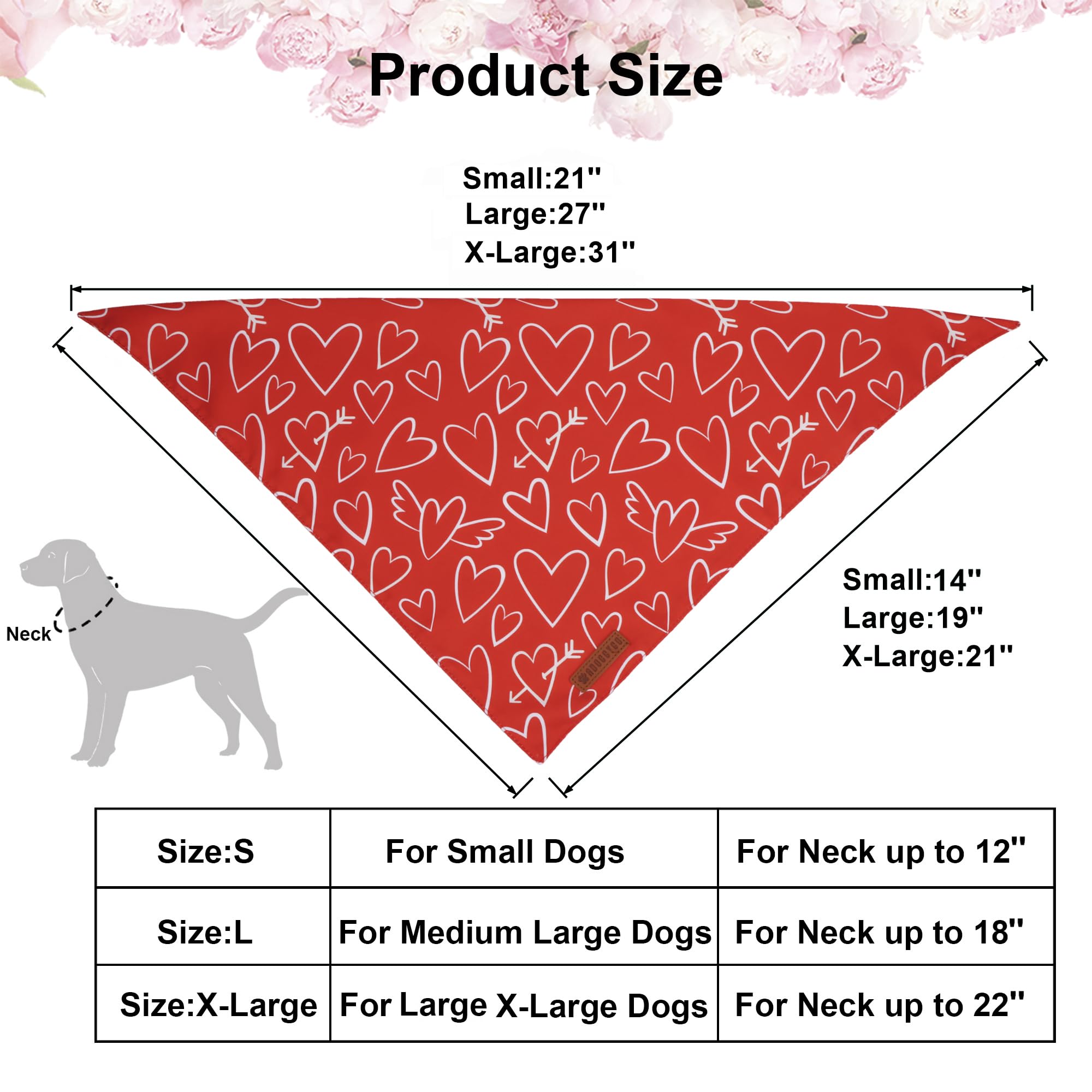 ADOGGYGO Valentine Dog Bandanas, Red Pink Heart Pet Scarf, Multi Size Offered, White Red Valentine Bandana for Large and Extra L