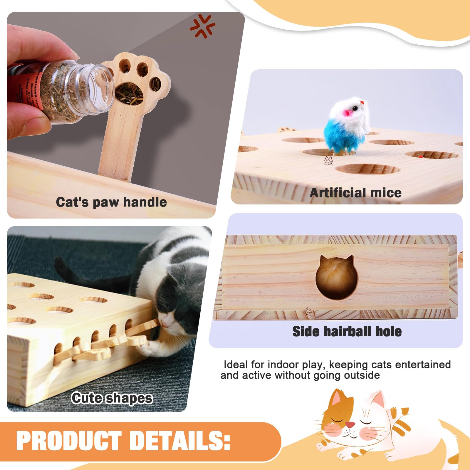 Xanadued Interactive Wooden Cat Toy, Solid Wood Toys For Indoor Cats Kitten Catch Mice Game, Cat Scratcher And Toy, Cat Interact