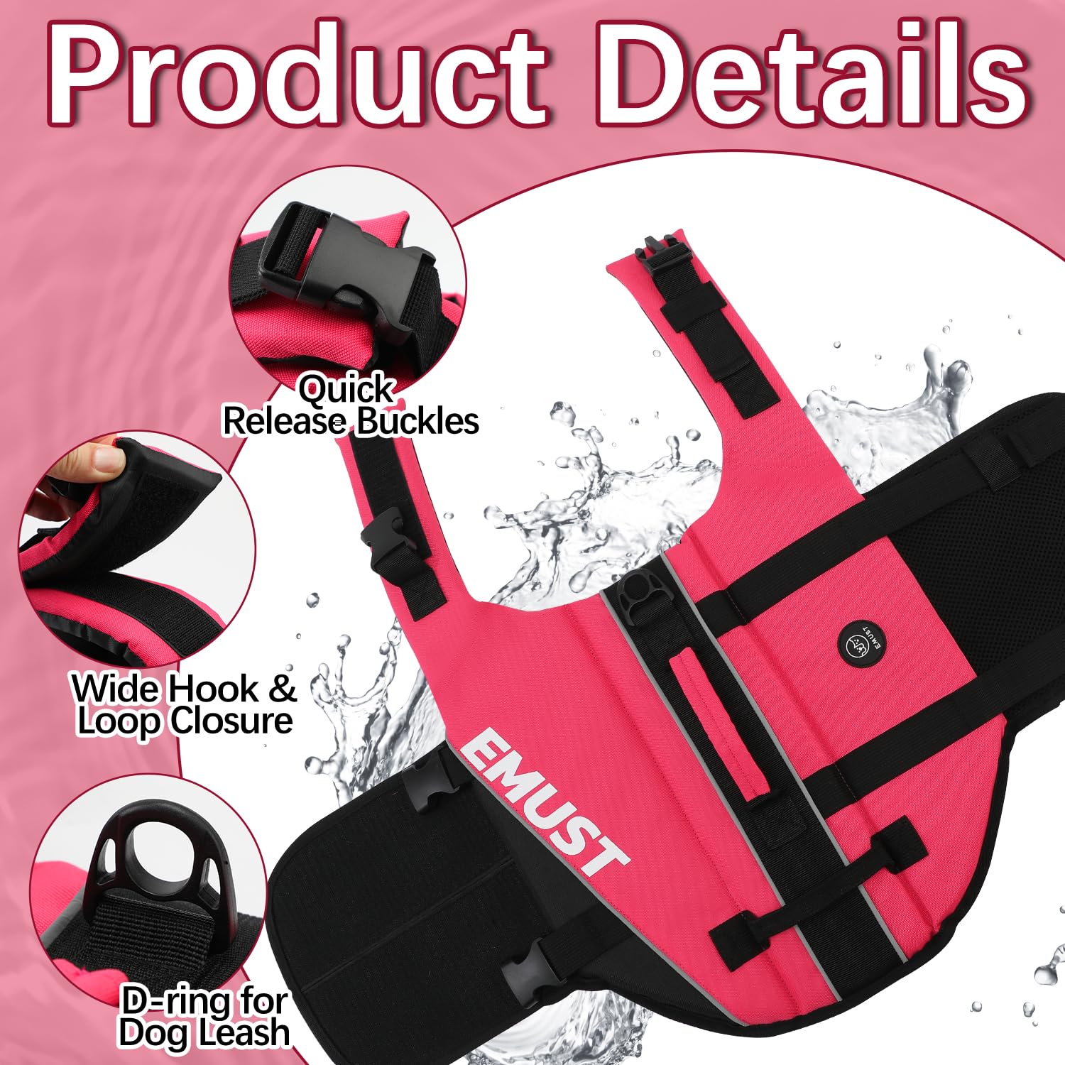 Emust Dog Life Jacket, Pet Life Vests For Swimming, Beach Boating With High Buoyancy, Dog Flotation Vest L, Rosepink