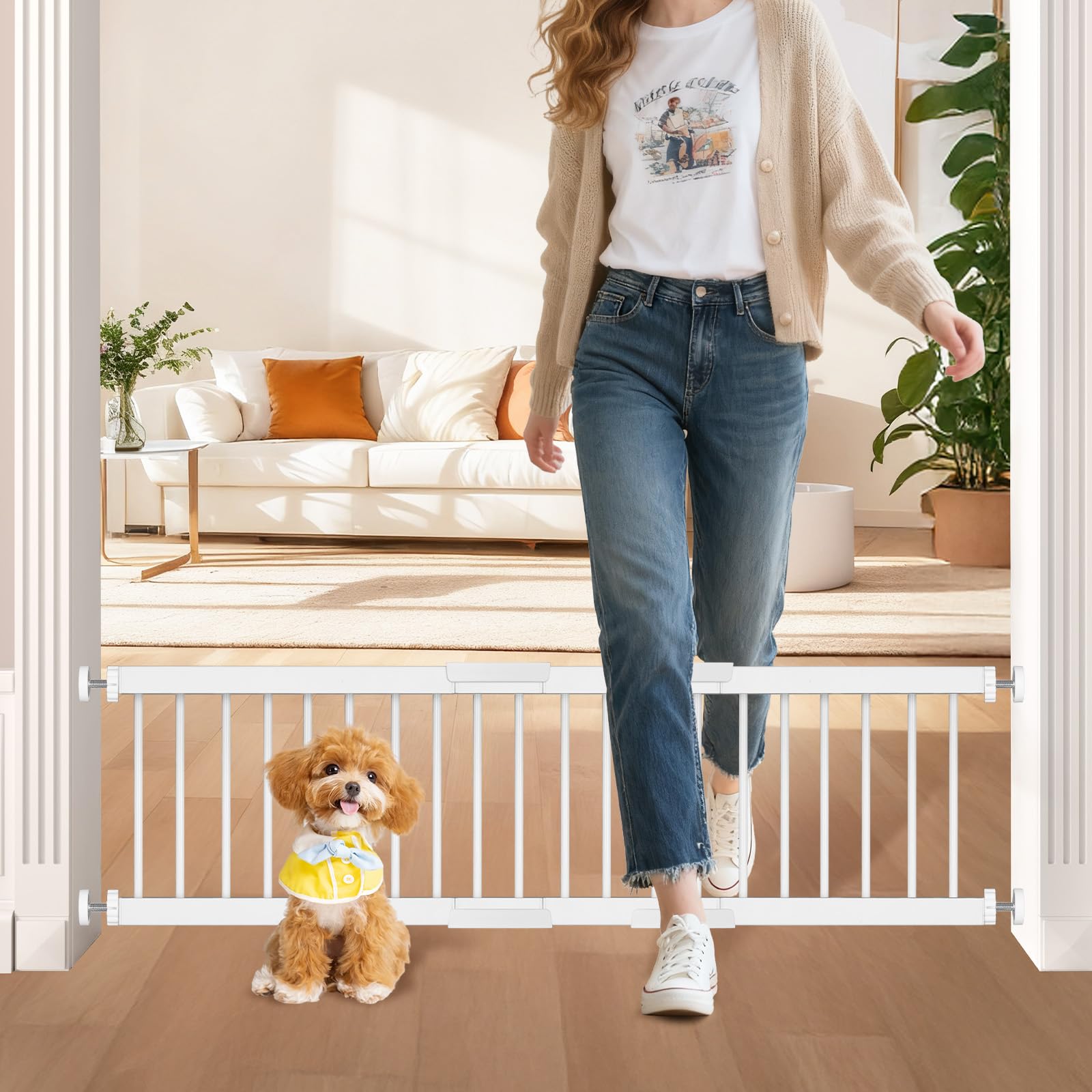 Short Dog Gate - 14 Tall Small Pet Safety Pet Gates Easily to Step Over, 16.5-44 Adjustable Extra Wide, Metal Doggy Door for Pas