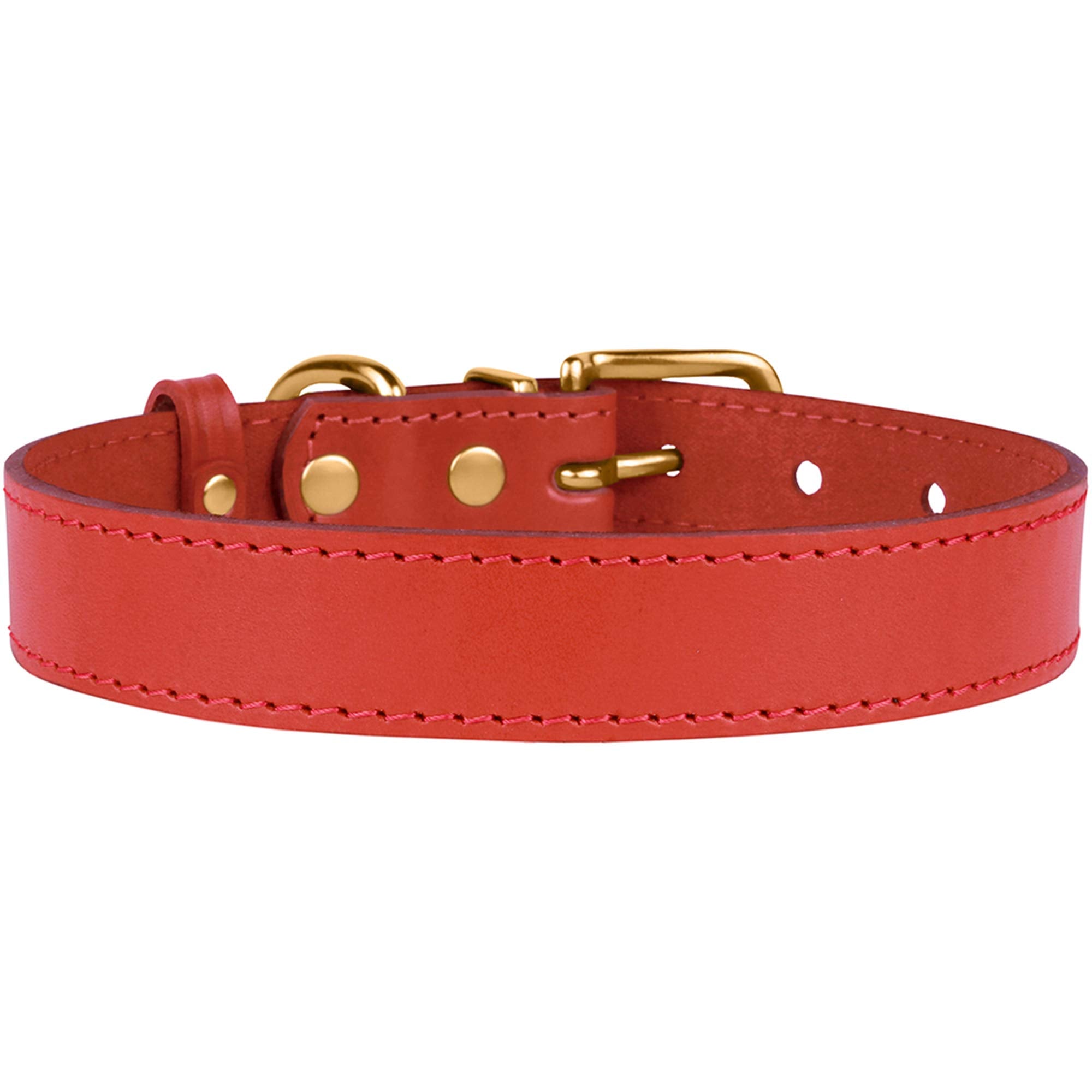Bronzedog Leather Dog Collar With Metal Buckle Durable Basic Pet Collars For Small Medium Large Dogs (14-17 Inch (Pack Of 1), Red & Gold Buckle)