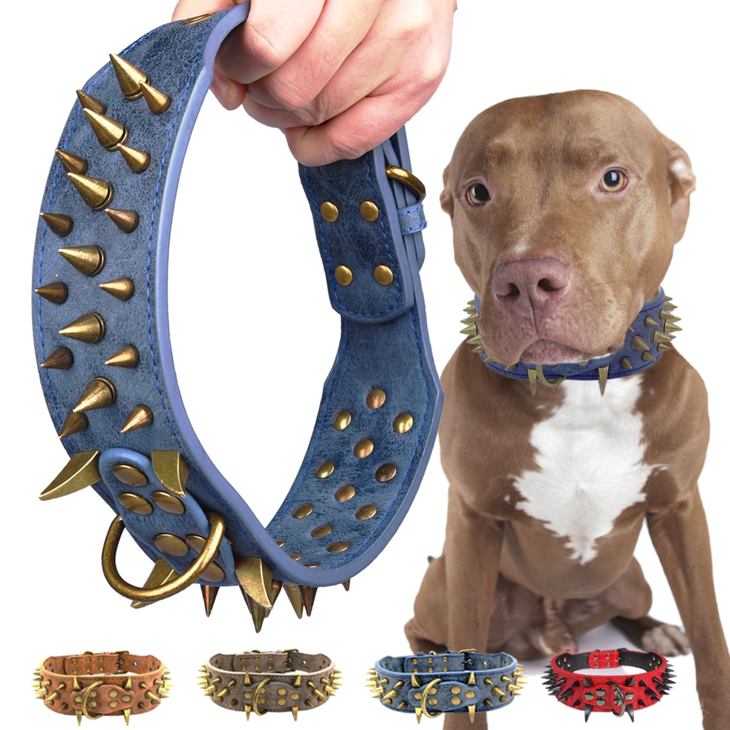 Kawagogo Spiked Dog Collar With Large Sharp Spikes,2 Inch Wide Leather Dog Collar,Anti-Bite,Fit Large Medium Dogs,Pitbull Doberm