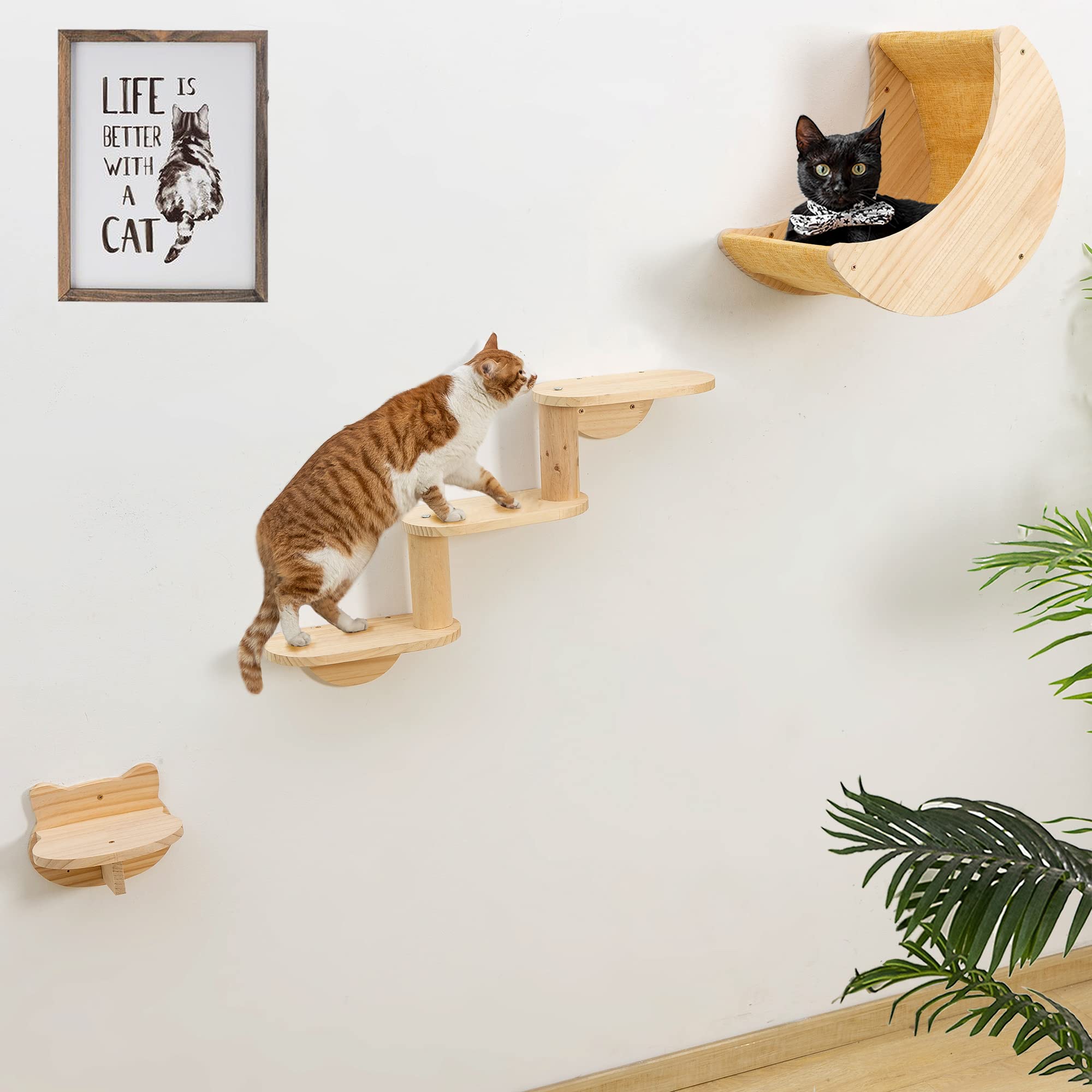 Cat Shelf for Wall Mount Hammock with 3-Levels Climbing Ladder and Shelves Moon Cats Wall Furniture for Activity Indoor Kitty (3