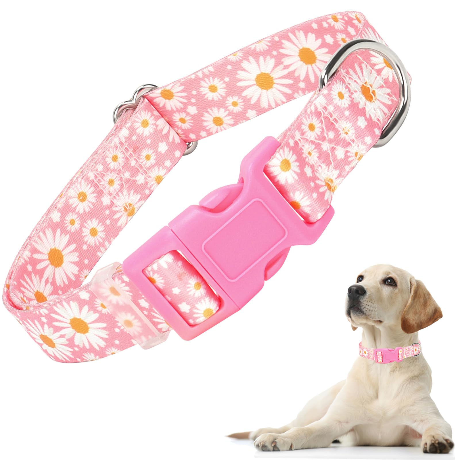Girl Dog Collars With Daisy Patterns, Cute Pink Dog Collar For Female Dogs, Adjustable Soft Durable Pet Collars For Xs Small Med
