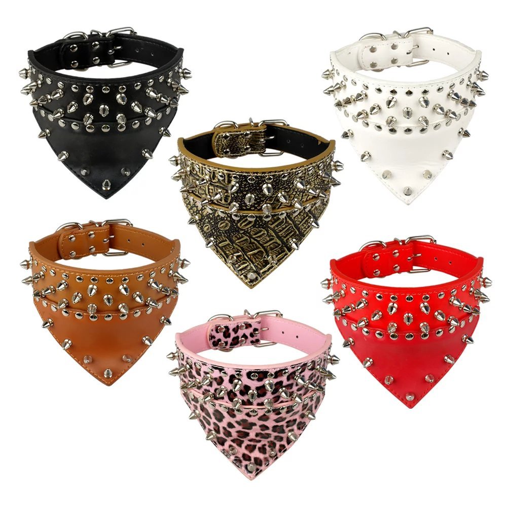 Didog 2'' Width Bandana Style Scarf Leather Dog Collar, Spiked Studded Fit Dalmatian Pit Bull Terrier,Red S Size