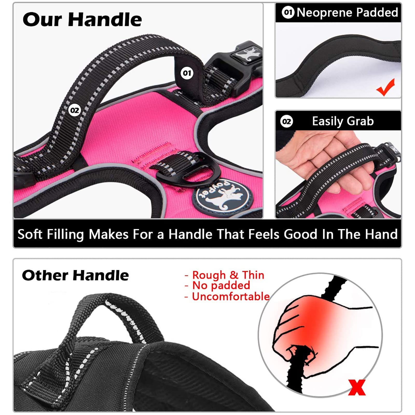Poypet No Pull Dog Harness, No Choke Front Lead Dog Reflective Harness, Adjustable Soft Padded Pet Vest With Easy Control Handle For Small To Large Dogs(Pink,S)