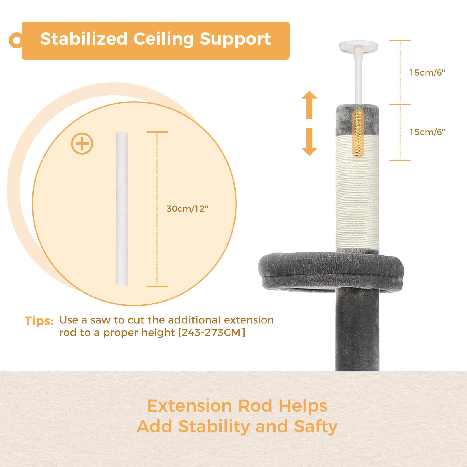 PETEPELA Cat Tower 5-Tier Adjustable Climbing Tree 95-107" Grey Engineered Wood with Scratching Post & Interactive Ball Toy