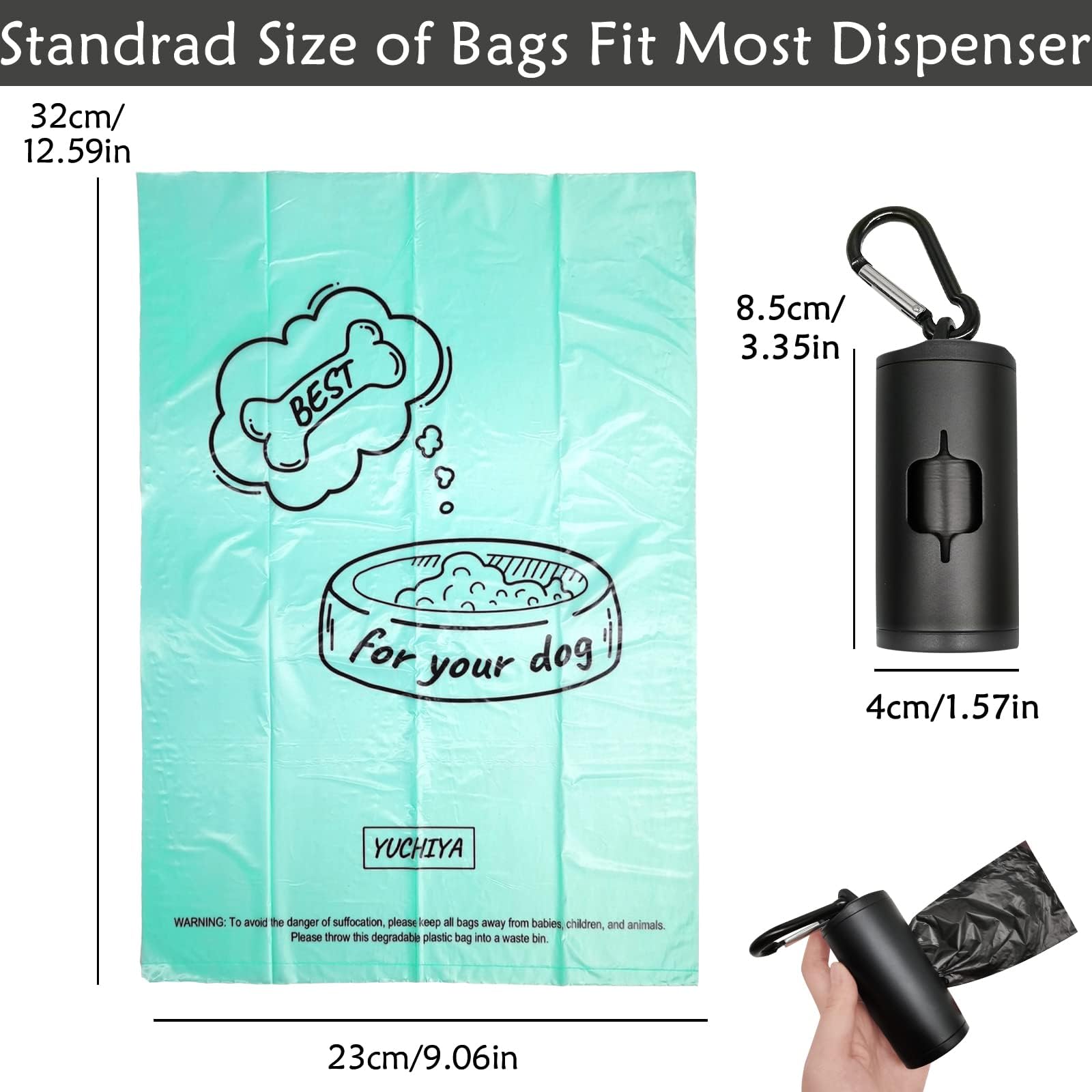 Yuchiya Aluminum Dog Poop Bags Holder With Carabiner Metal Pet Waste Bags Dispenser With Hook And Loop Fastener And Elastic Cord To Carry Used Bags(Black, 1 Holder 195 Bags)
