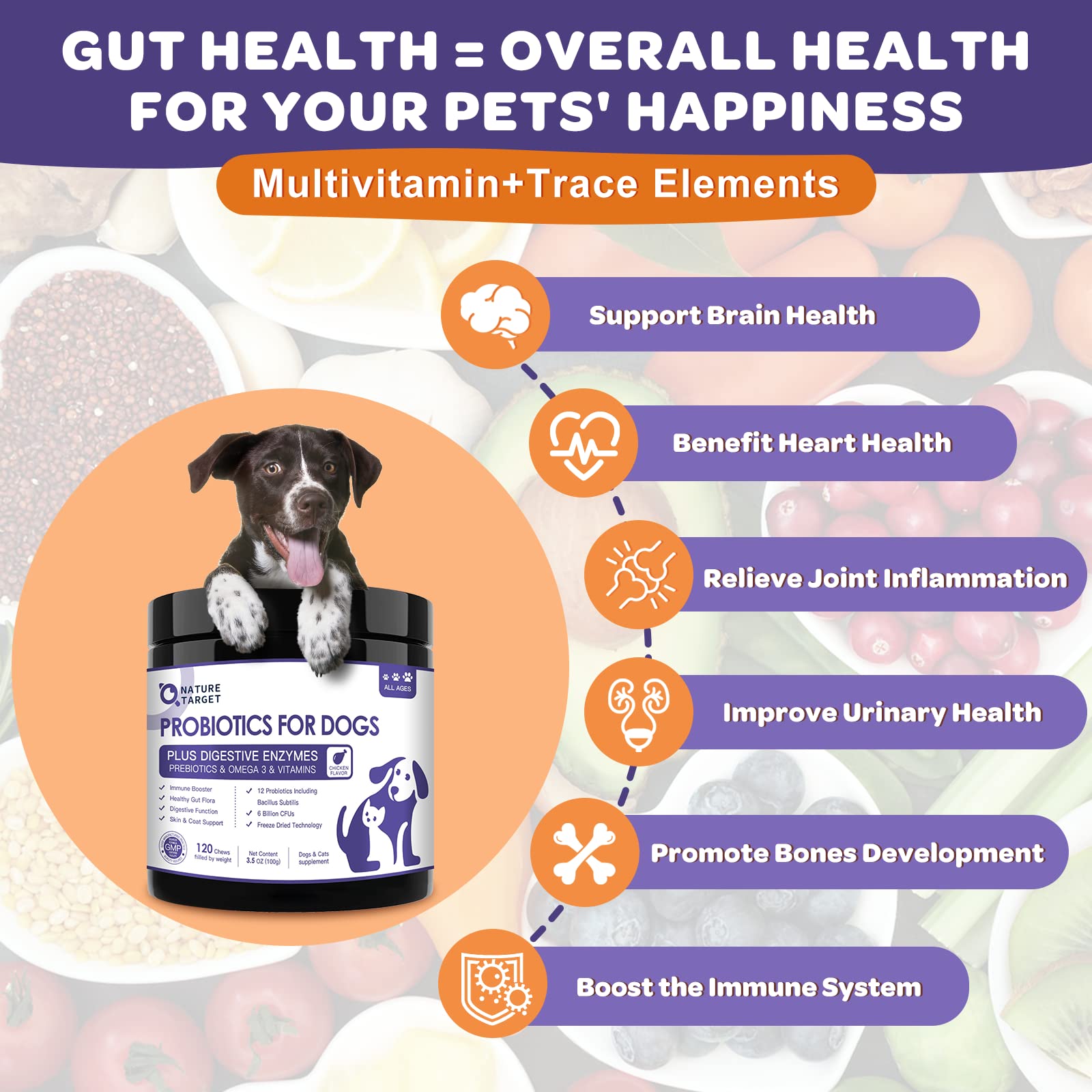 NATURE TARGET Probiotics for Dogs - 6 Billion CFUs, Digestive & Immune Support, Allergy Relief, Freeze Dried, Model T06-GYSJKL-120