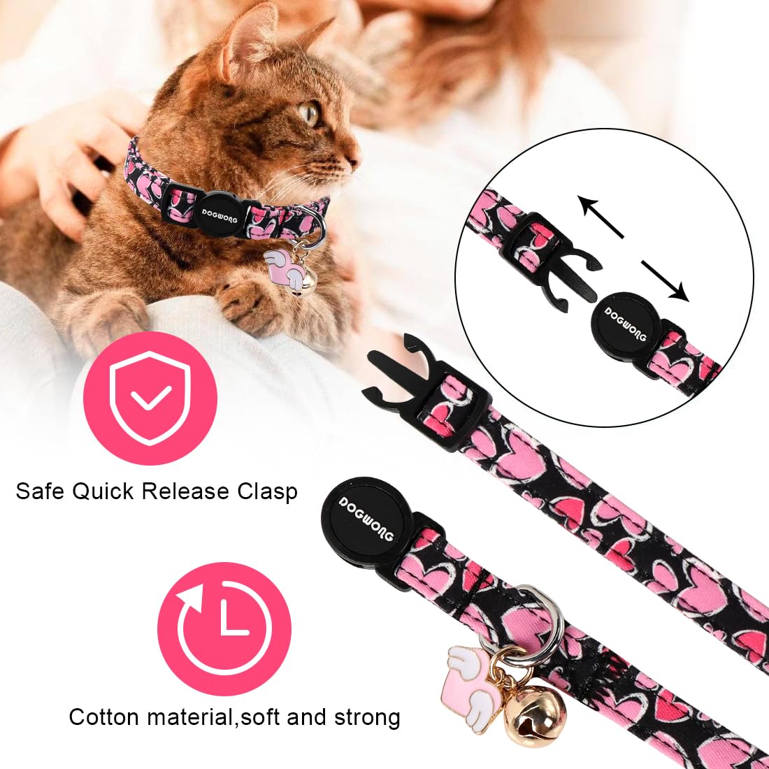 Cat Collar,2 Pack Cat Collars Breakaway With Bell, Dogwong Safety Buckle Valentine'S Day Cat Collar Pink Red Heart For Girl Boy