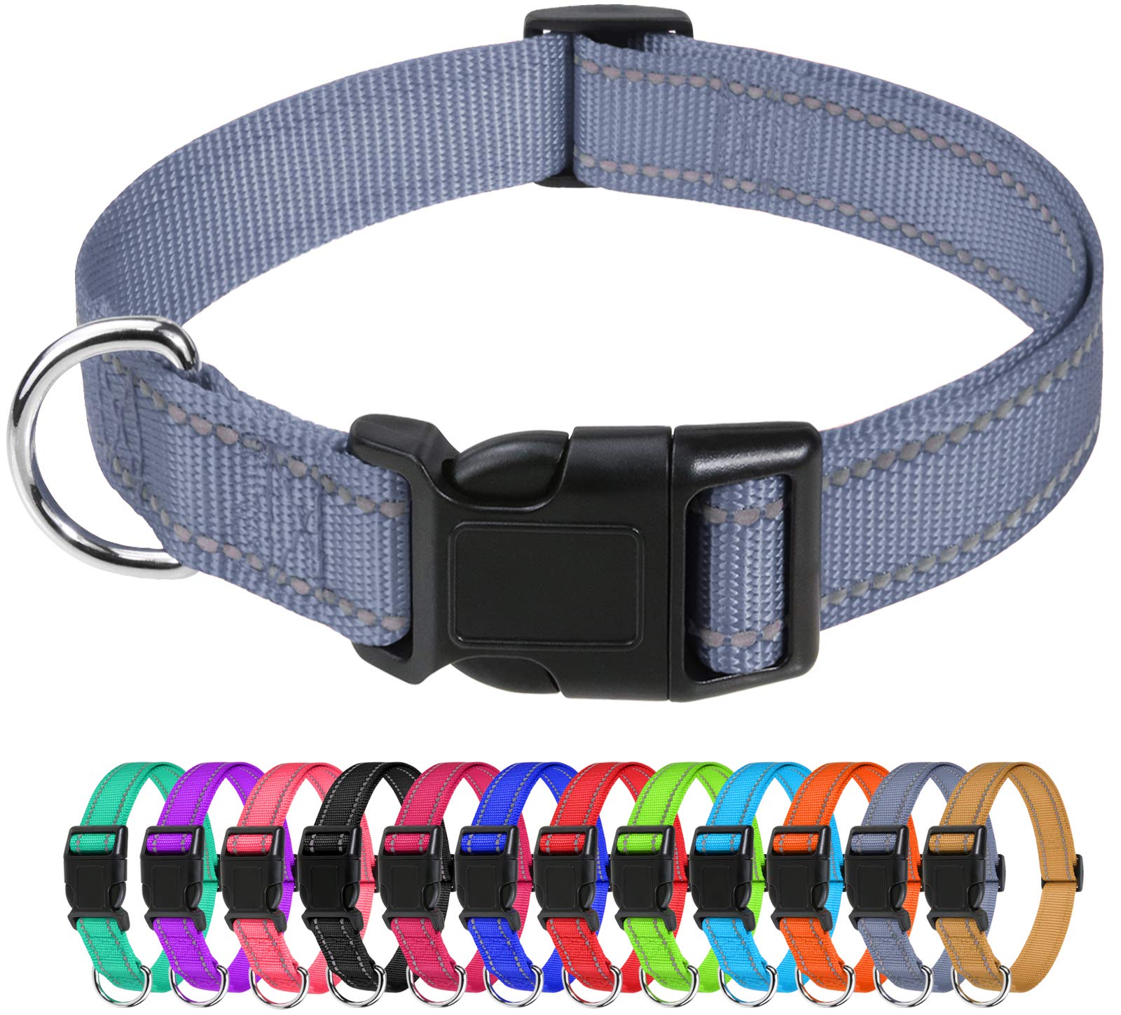 Tagme Reflective Nylon Dog Collars, Adjustable Classic Dog Collar With Quick Release Buckle For Small Dogs, Grey, 3/4' Width