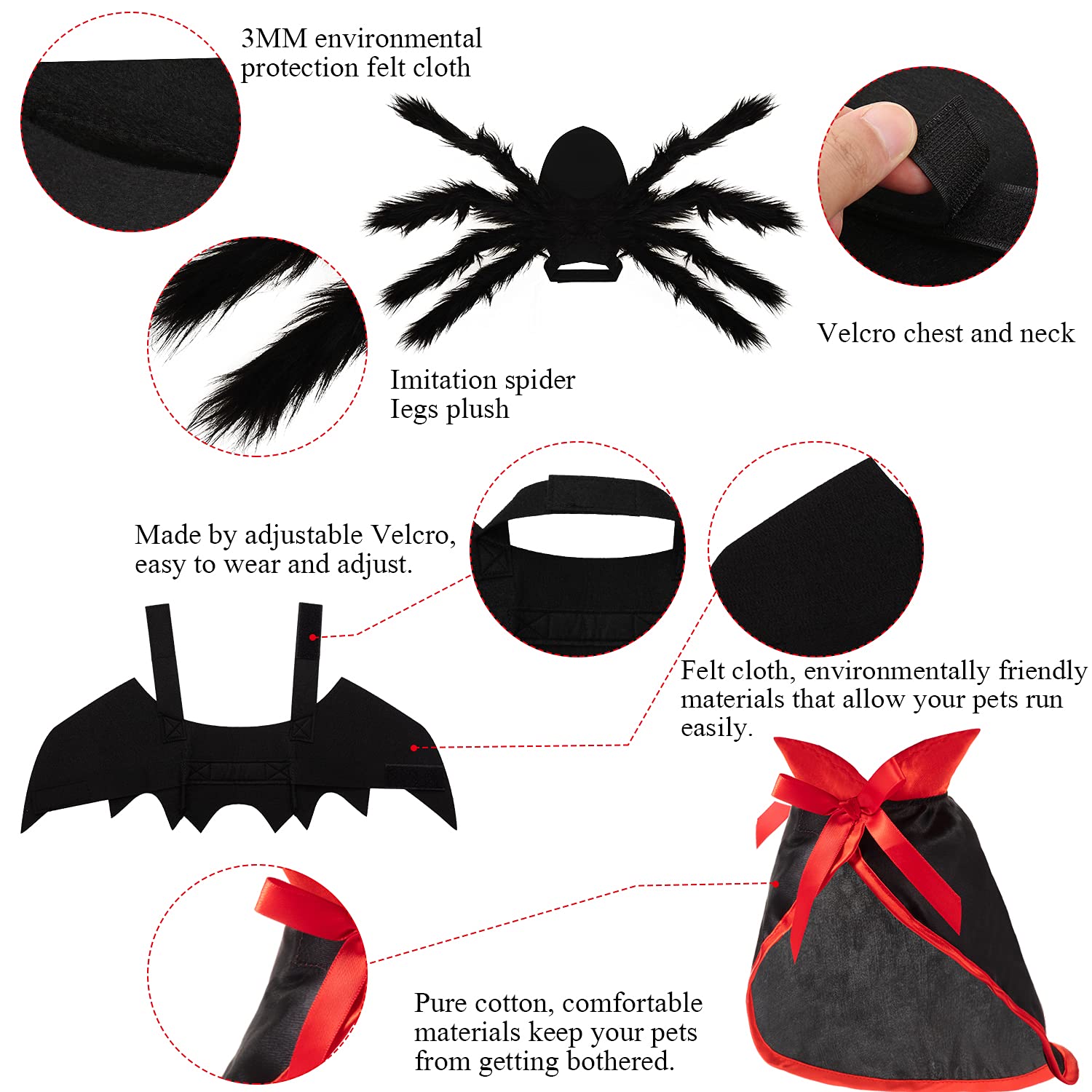 3 Piece Halloween Cat Dog Costume Set, Pet Bat Witch Vampire Pumpkin Cloak Giant Imitation Pet Spider Pets Costume Cosplay Accessories Halloween Pets Decoration For Dogs Puppy Cats (Gothic,M)