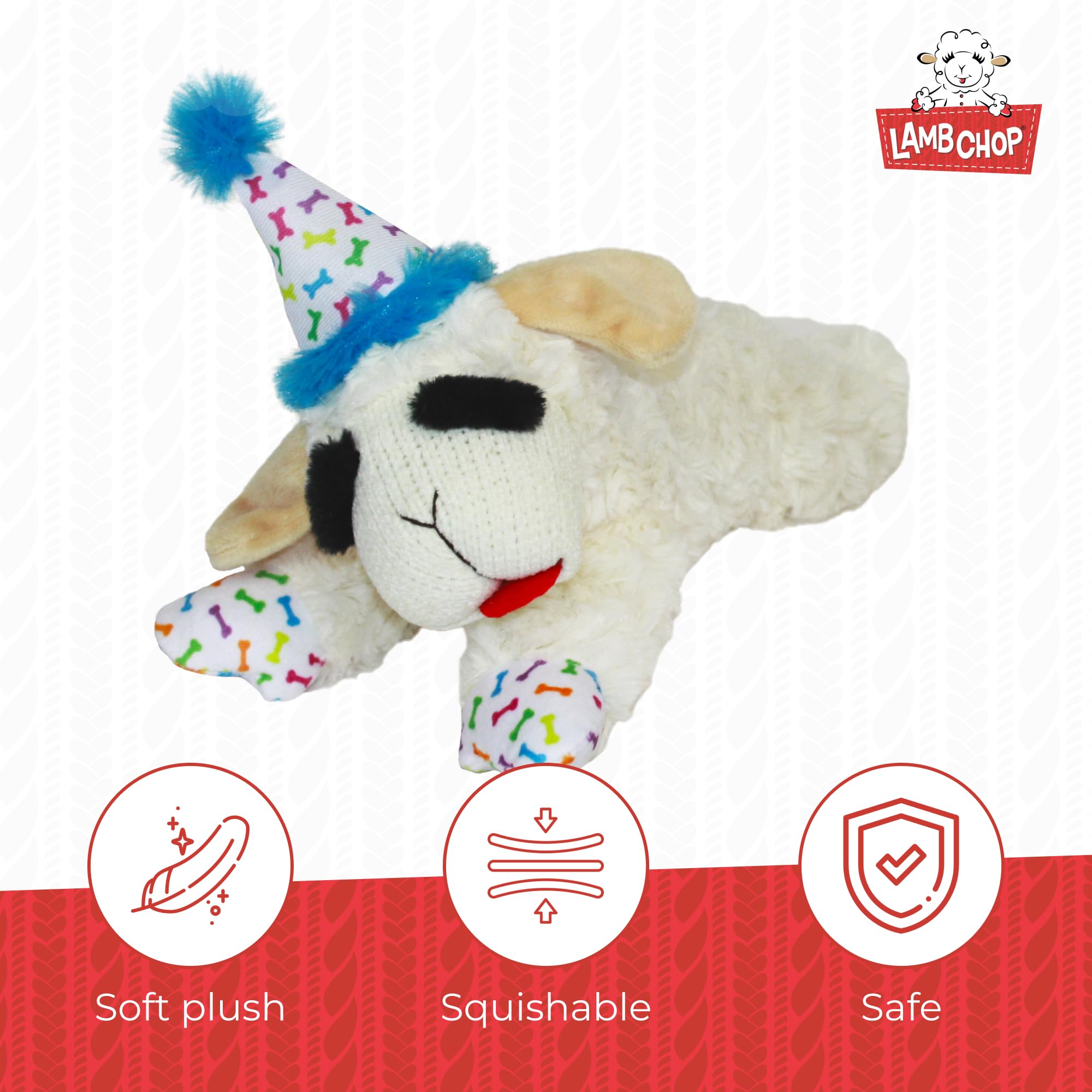 Multipet Lamb Chop Plush Toy - Squeaky Dog Birthday Hat - Soft, Cute, Playing Dog Toy (10.5', Blue Hat, 5 Squeakers)