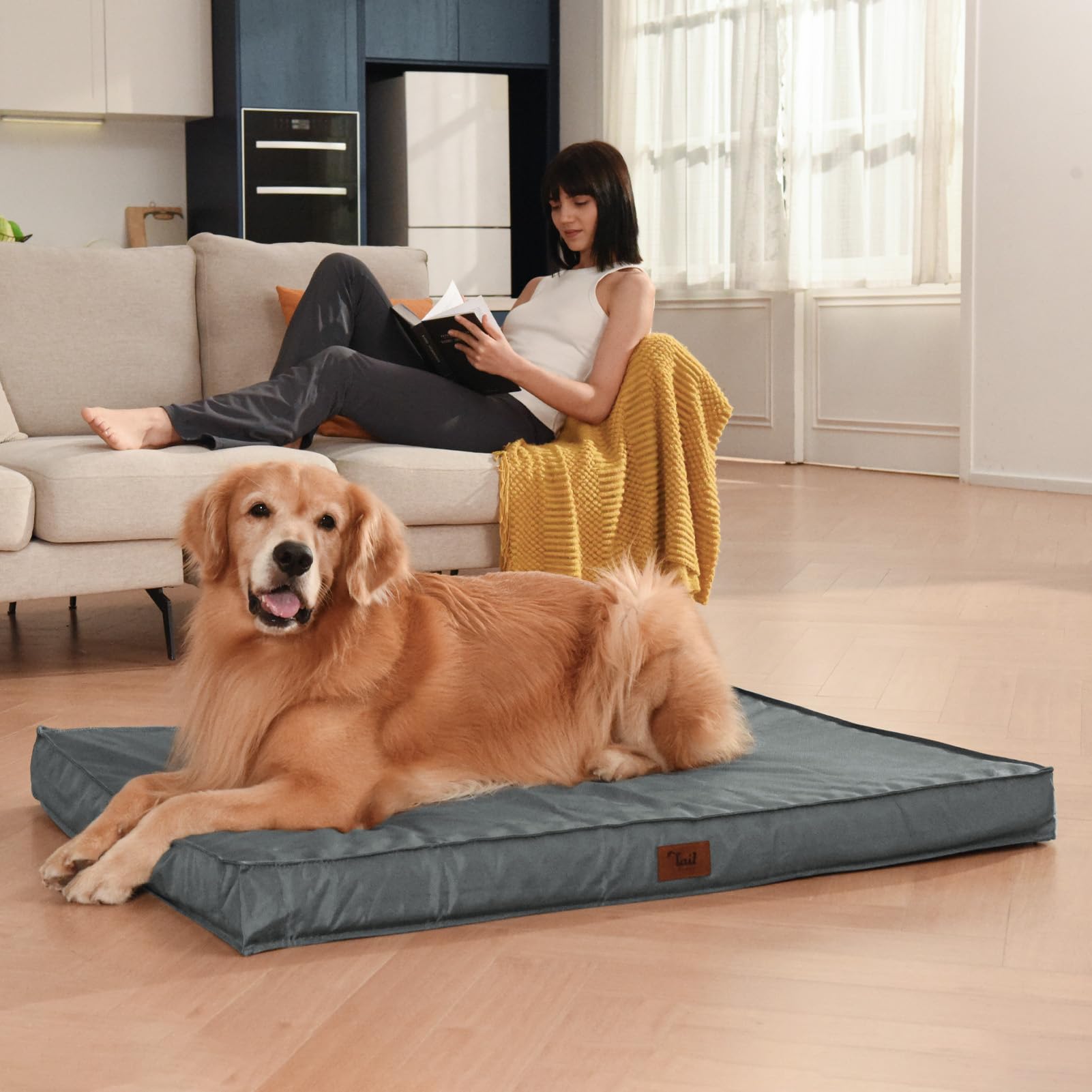 Tail Stories Extra Large Dog Crate Bed - Waterproof Orthopedic Foam Mat, 47"L x 29"W x 3.5"Th, Grey
