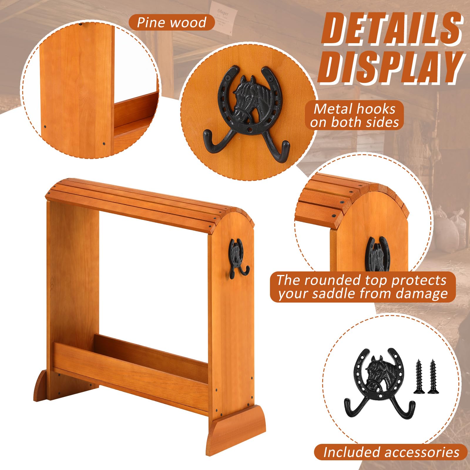 Threehoney Pine Wood Saddle Rack for Western Saddles, Heavy Duty with 2 Hooks, Model MII-Threehoney-1088, Black
