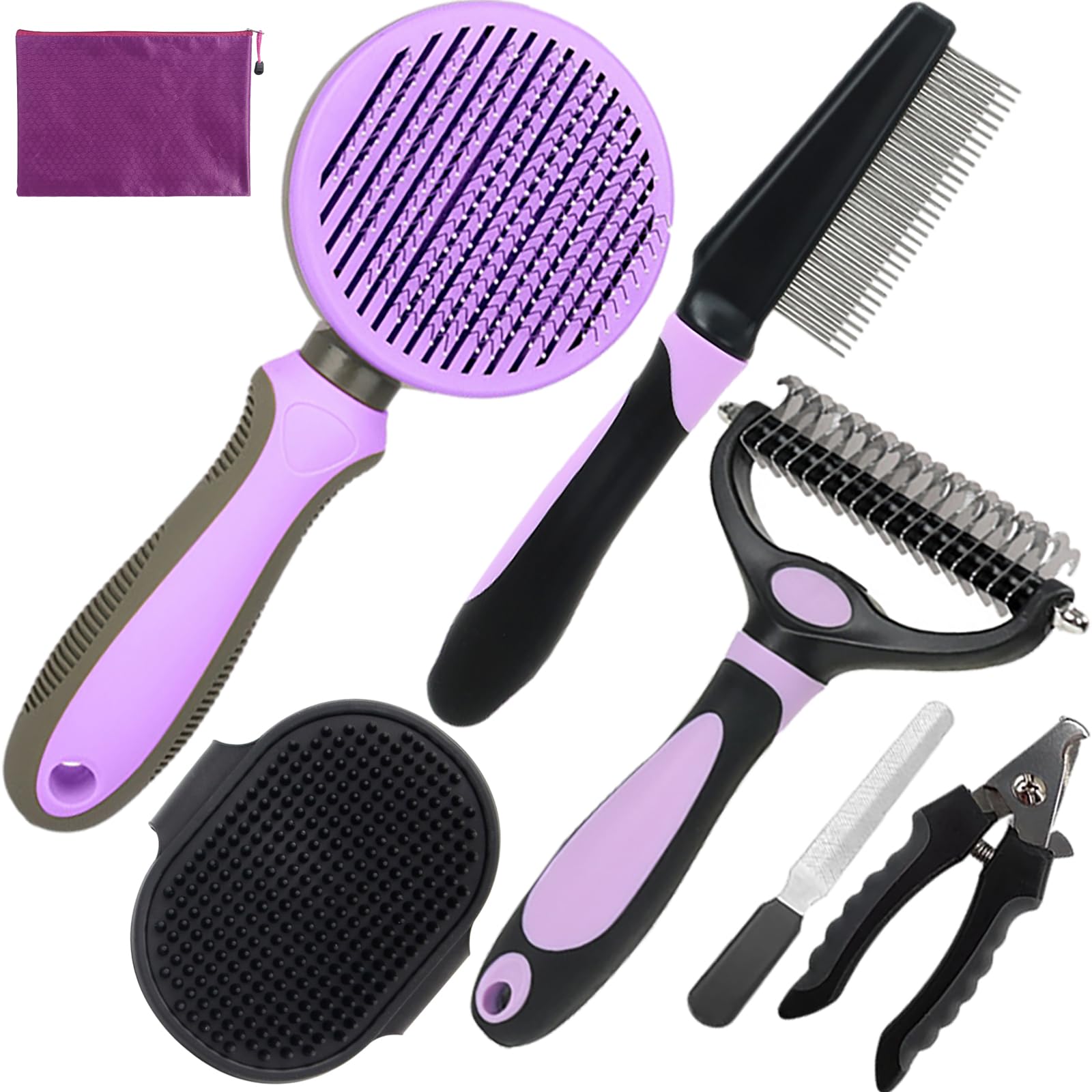 Kueiox Dog Brush For Shedding, 7 Pcs Dog Grooming Brush Kit Including Undercoat Rake, Slicker Brush, Dematting Comb, Nail Clippe