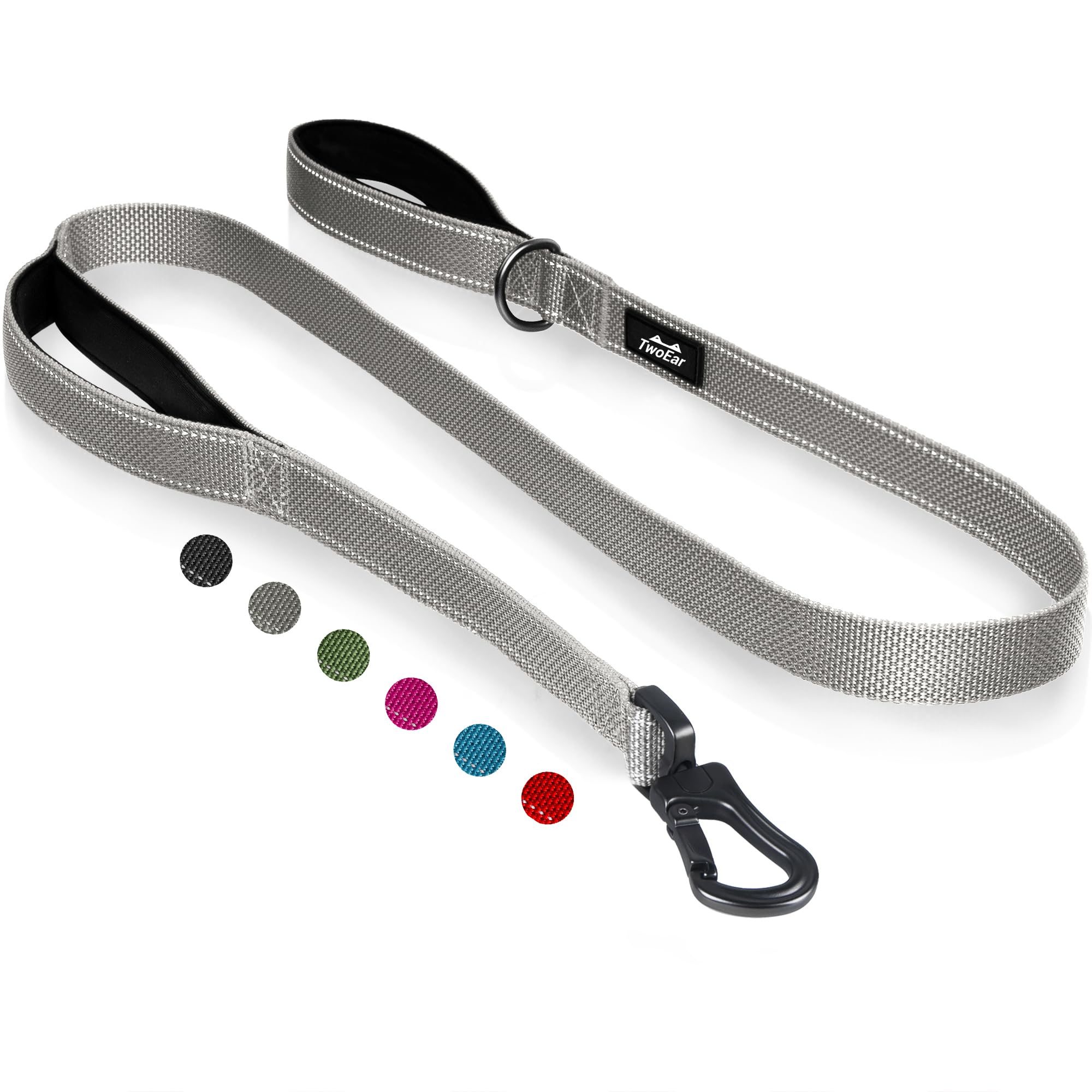 Twoear 5Ft 1In Strong Gray Dog Leash With 2 Padded Handles, Traffic Handle Extra Control, Comfortable Soft Dual Handle, Auto Lock Hook, Reflective Walking Lead For Small Medium And Large Dogs