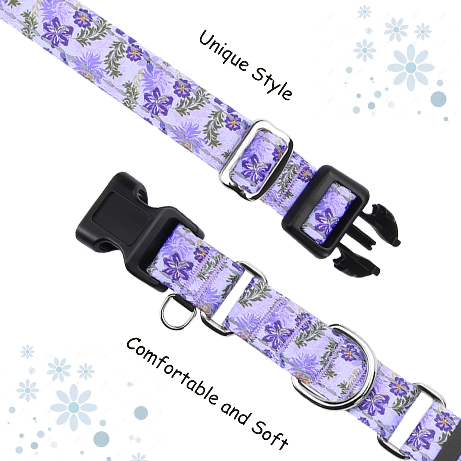 Fidohug Reflective Martingale Collar For Dogs With Quick Release Buckle Cute Girl Female Flower Dog Collars (Lavender Floral, La