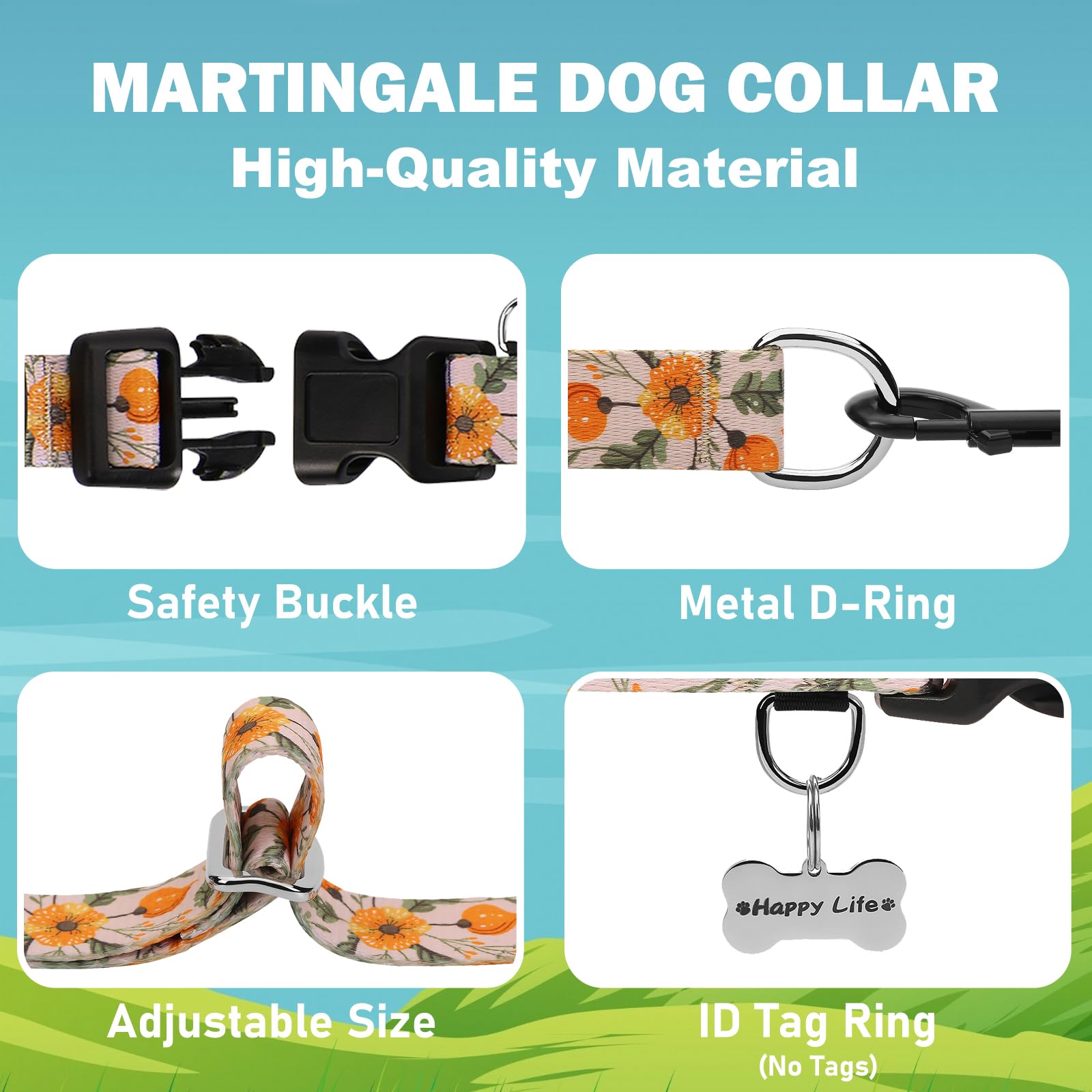 Fidohug Martingale Collar For Dogs With Buckle Anti Pull Adjustable Nylon Limited Slip Training Dog Collars (Beige Floral, Mediu