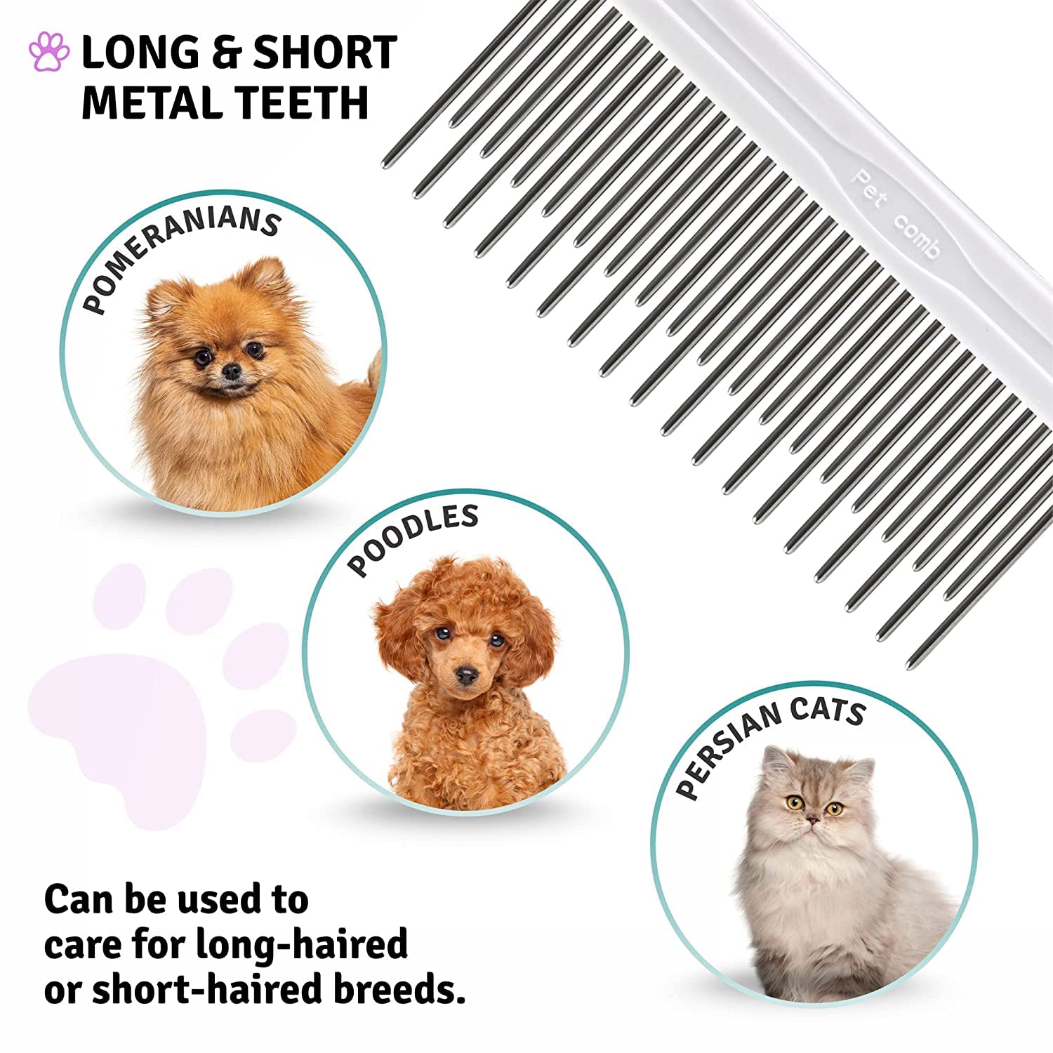 Poodle Pet Detangling Pet Comb With Long & Short Stainless Steel Teeth For Removing Matted Fur, Knots & Tangles – Detangler Tool Accessories For Safe & Gentle Diy Dog & Cat Grooming