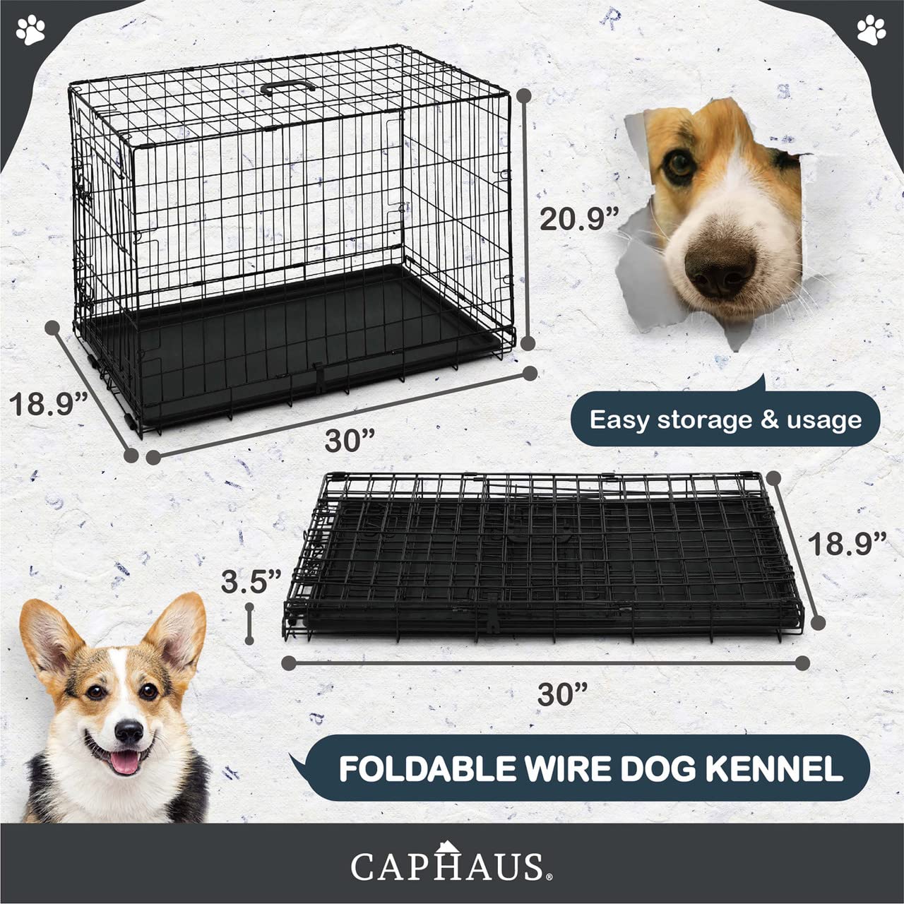 Caphaus Foldable Dog Crate Wire Metal Dog Kennel W/Leak-Proof Pan & Protecting Feet & Divider Panel, Single Door, Small, Medium