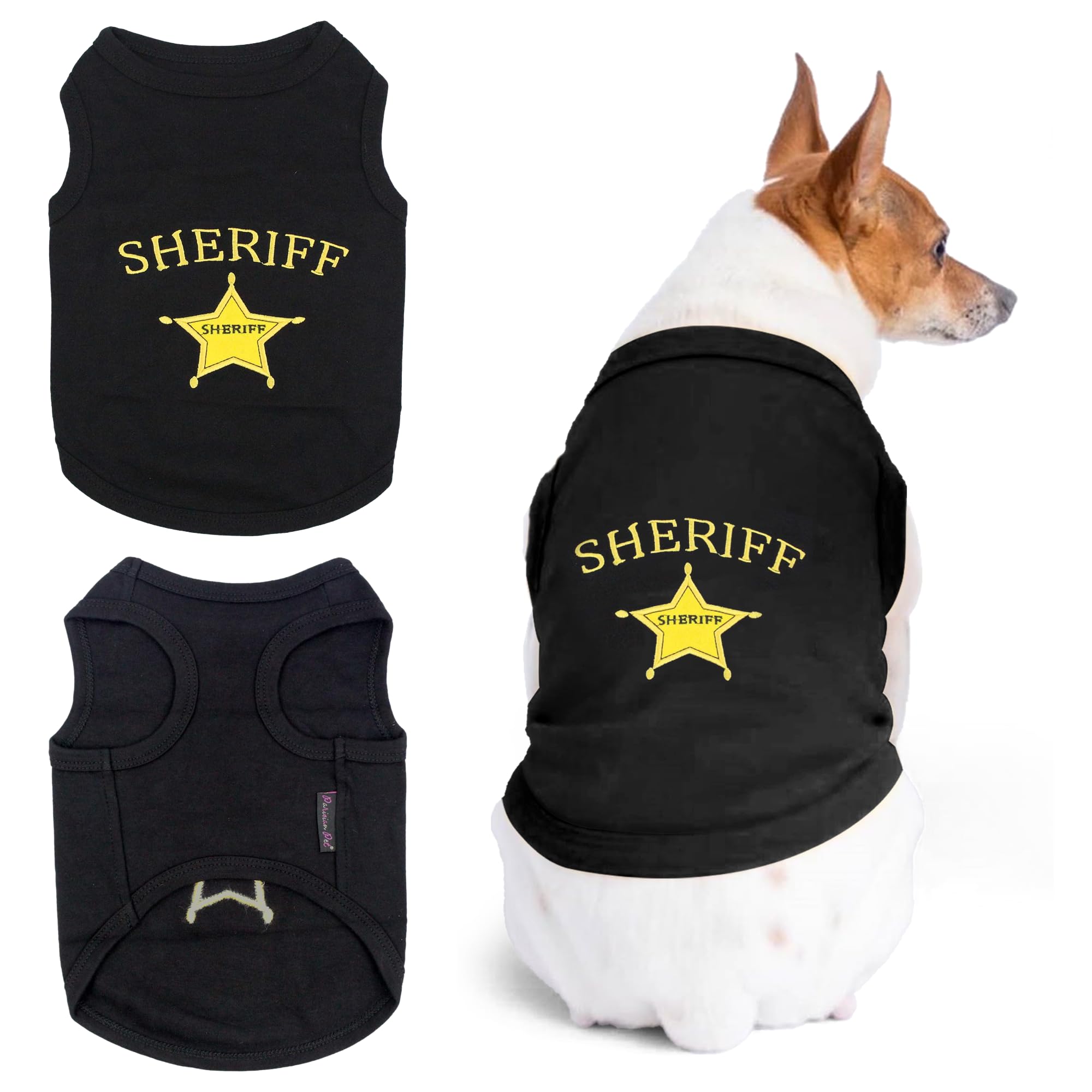 Parisian Pet Dog Tshirt - Embroidered “ Sheriff “ Dog Shirt - Lightweight And Skin Friendly Dog Clothes - Sleeveless Dog Tee Shirts - Machine Washable Dog Shirt For Large Dogs - L