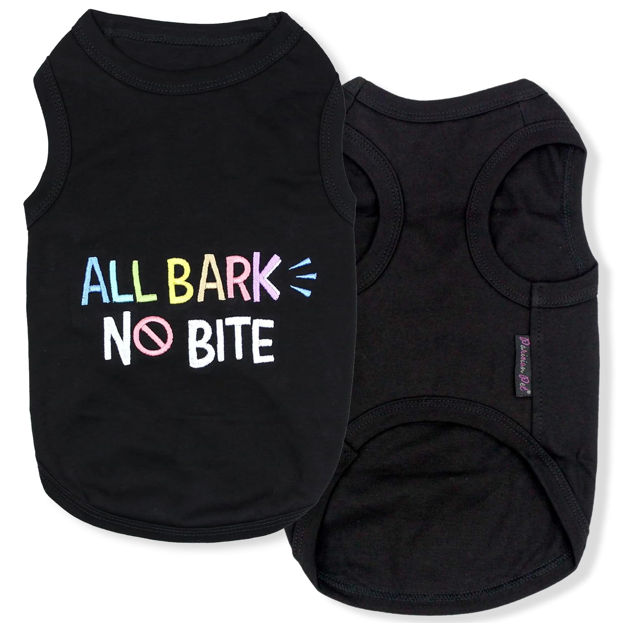 Parisian Pet Dog T-Shirt - Embroidered ' All Bark No Bite ' 100% Cotton, Dog Clothes - Sleeveless Pet Vest - Machine Washable Dog Shirt For Large Dogs 3Xl