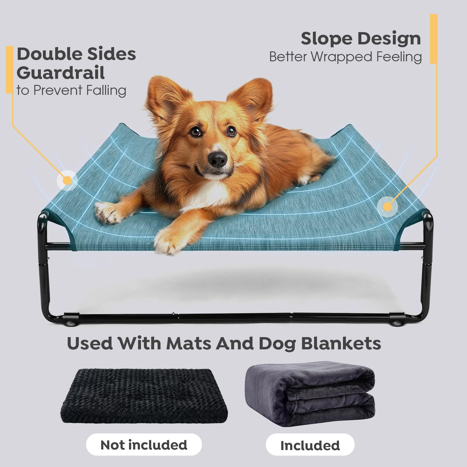 Veehoo Large Elevated Dog Bed With Flannel Dog Blanket, Outdoor Guardrail Raised Pet Cot For Extra Large Dogs, Anti-Slip Camping
