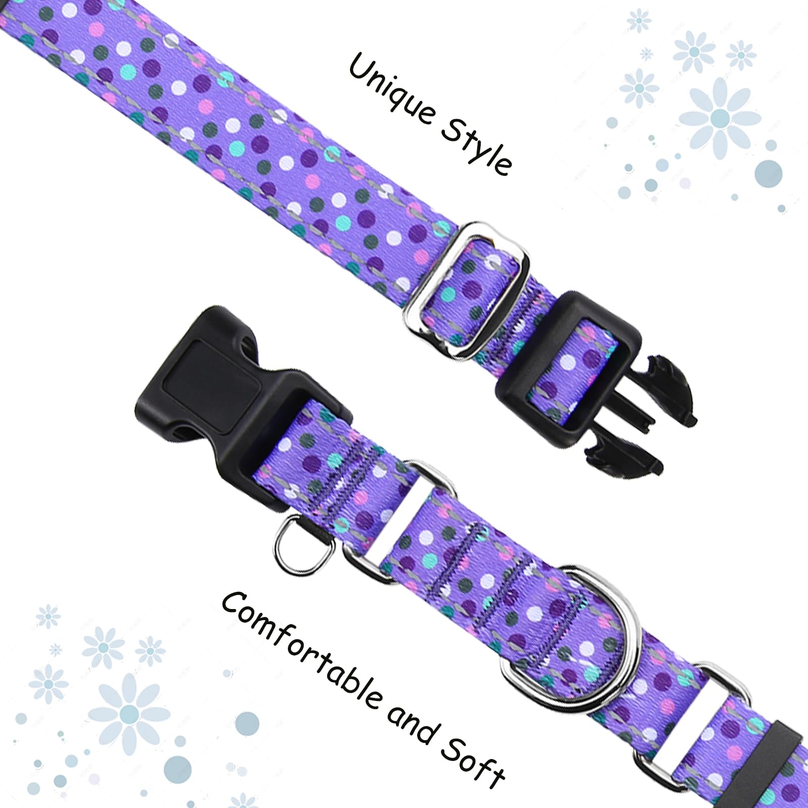 Fidohug Reflective Martingale Collar For Dogs With Quick Release Buckle Cute No Pull Training Dog Collars (Purple Polka Dot, Sma