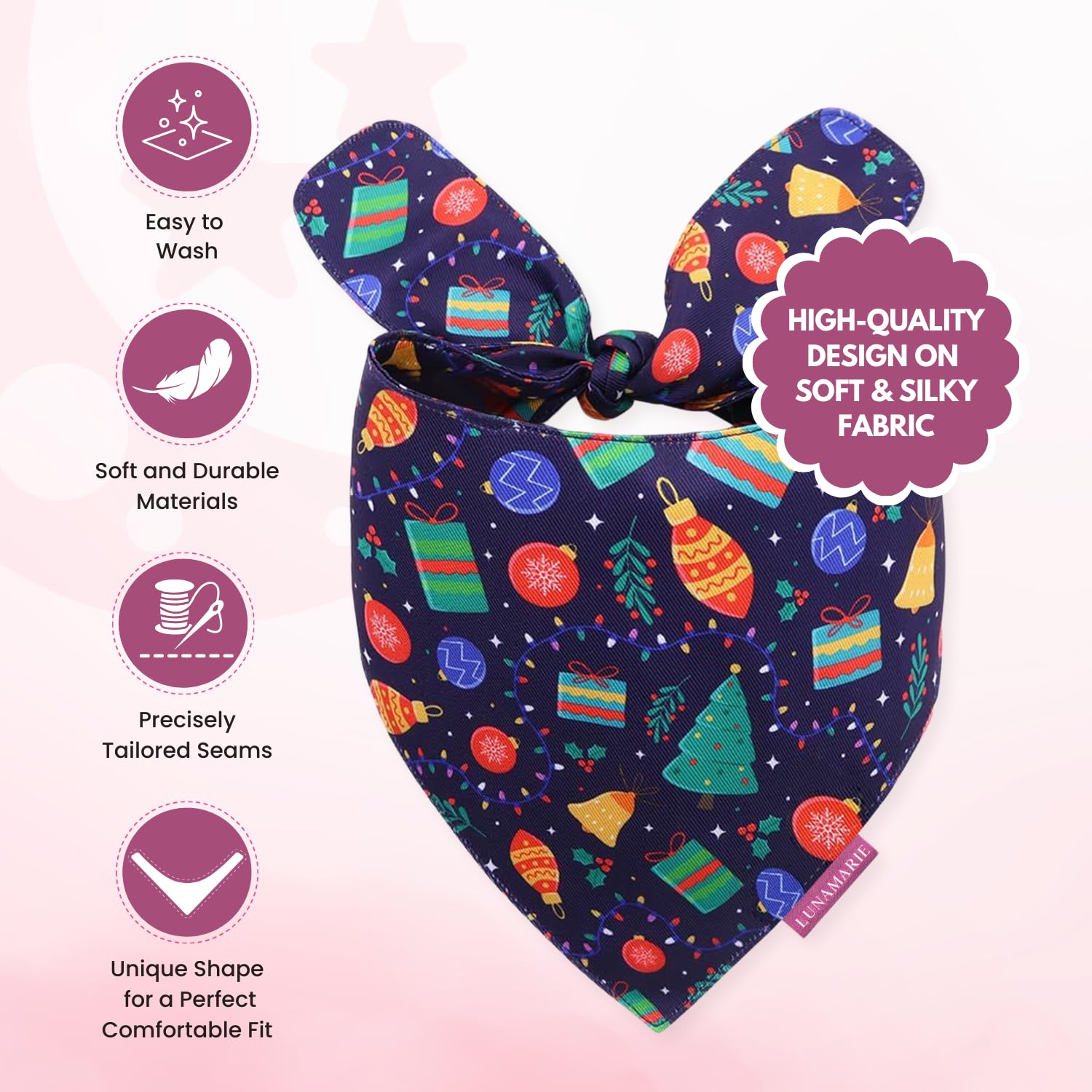 Lunamarie - Luxury Pet Birthday Bandanas -Premium & Silky Poly Fabric | 100% Handmade | Custom Shape Dual Layered (Christmas Tre