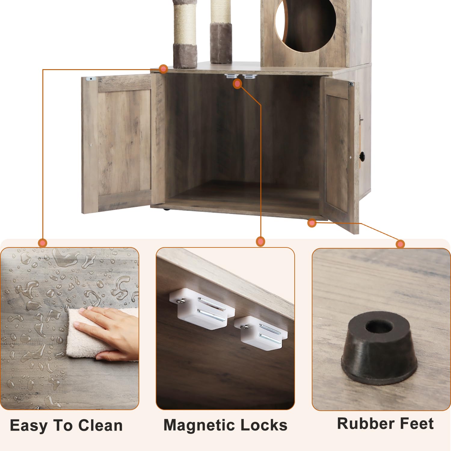 Timberer Cat Tree Tower & Litter Box Enclosure, 2-in-1 Furniture, 19.7"D x 23.6"W x 61"H, Grey, Engineered Wood